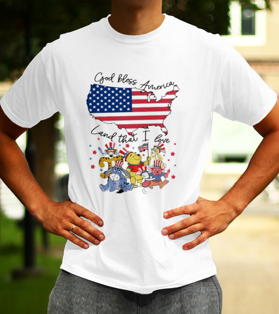 God Bless America Land That I Love Winnie The Pooh USA Flag T-Shirt