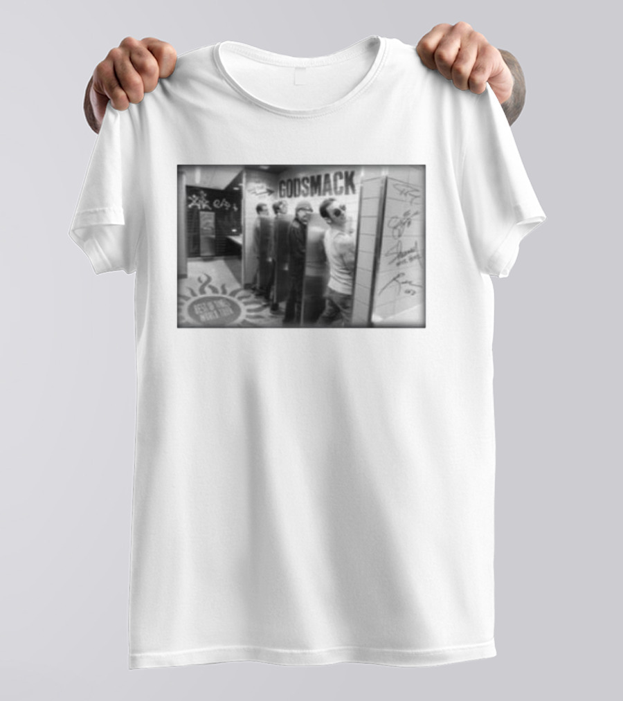 Godsmack Band Autographed Bathroom Photo With Guitar And Sun Symbol T-Shirt