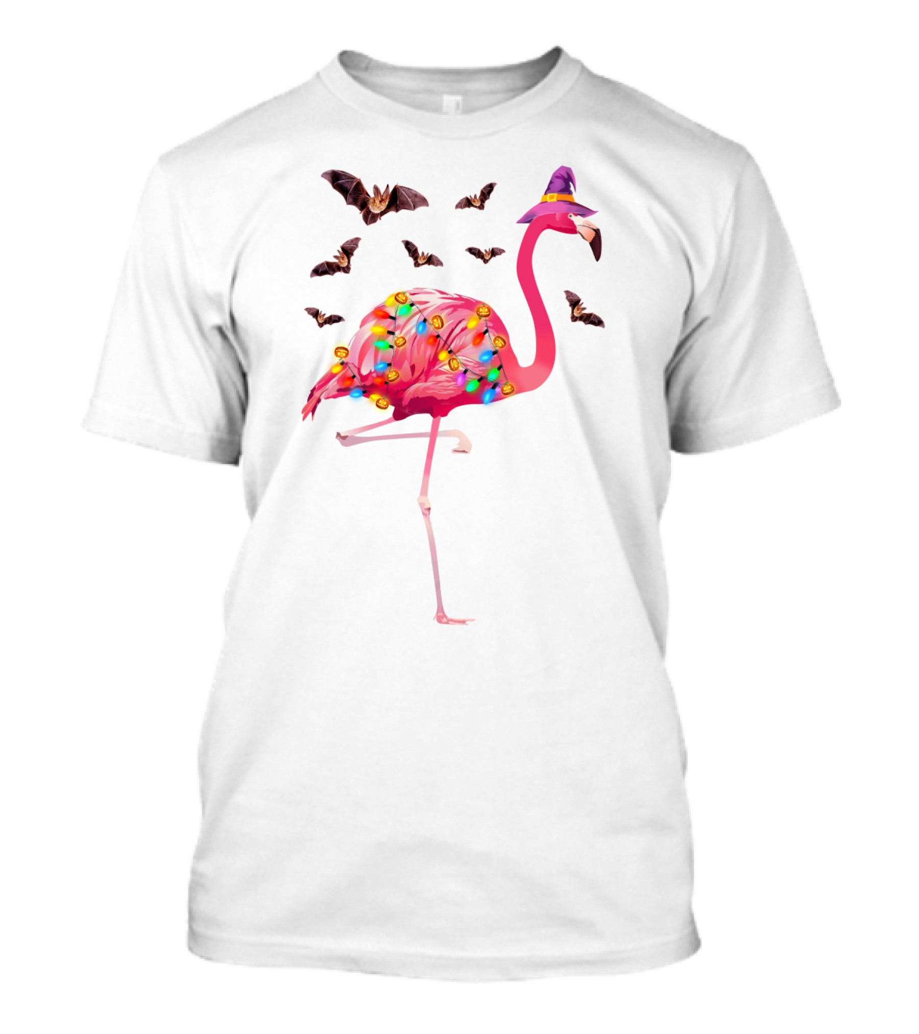 Flamingo In Witch Hat With Halloween Bats And Colorful Lights T-Shirt