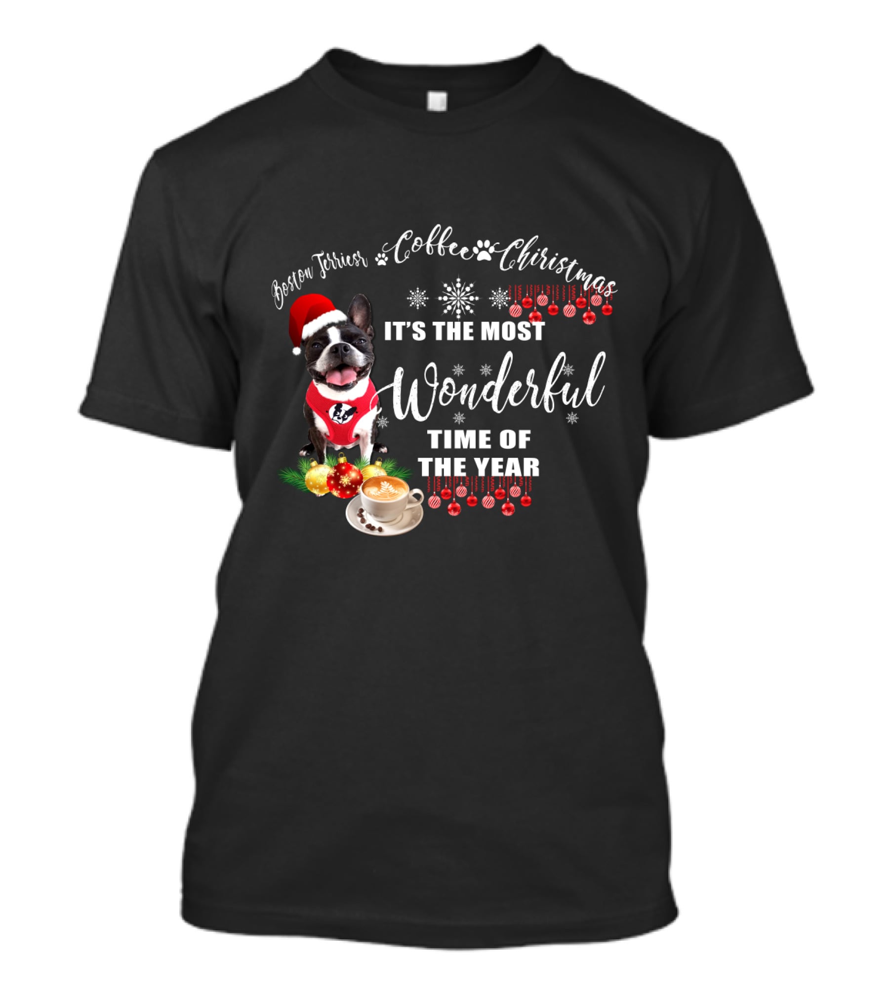 Boston Terrier Coffee Christmas It's The Most Wonderful Time Of The Year T-Shirt