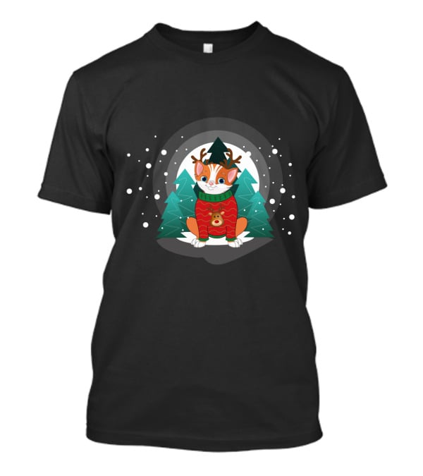 Cat Terrier Christmas Sweater With Snowy Trees And Reindeer Antlers T-Shirt