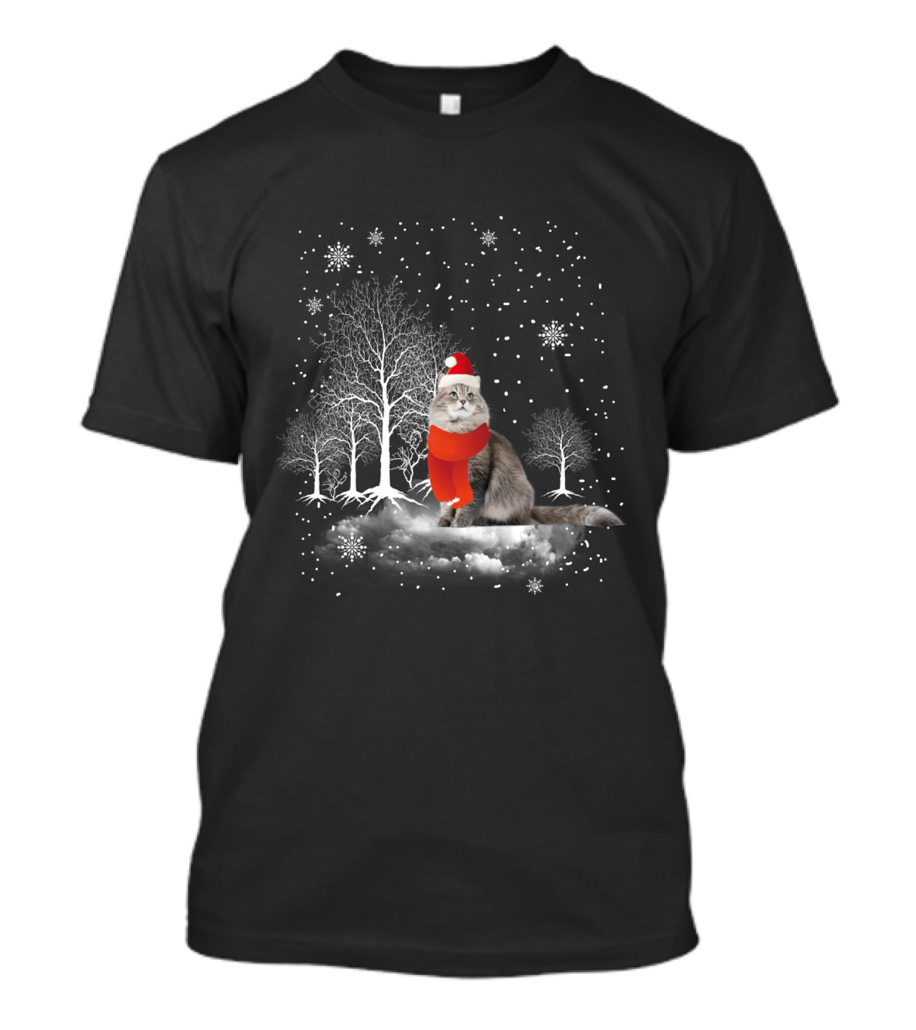 Cat In Snowy Winter Scene With Red Santa Hat And Scarf T-Shirt