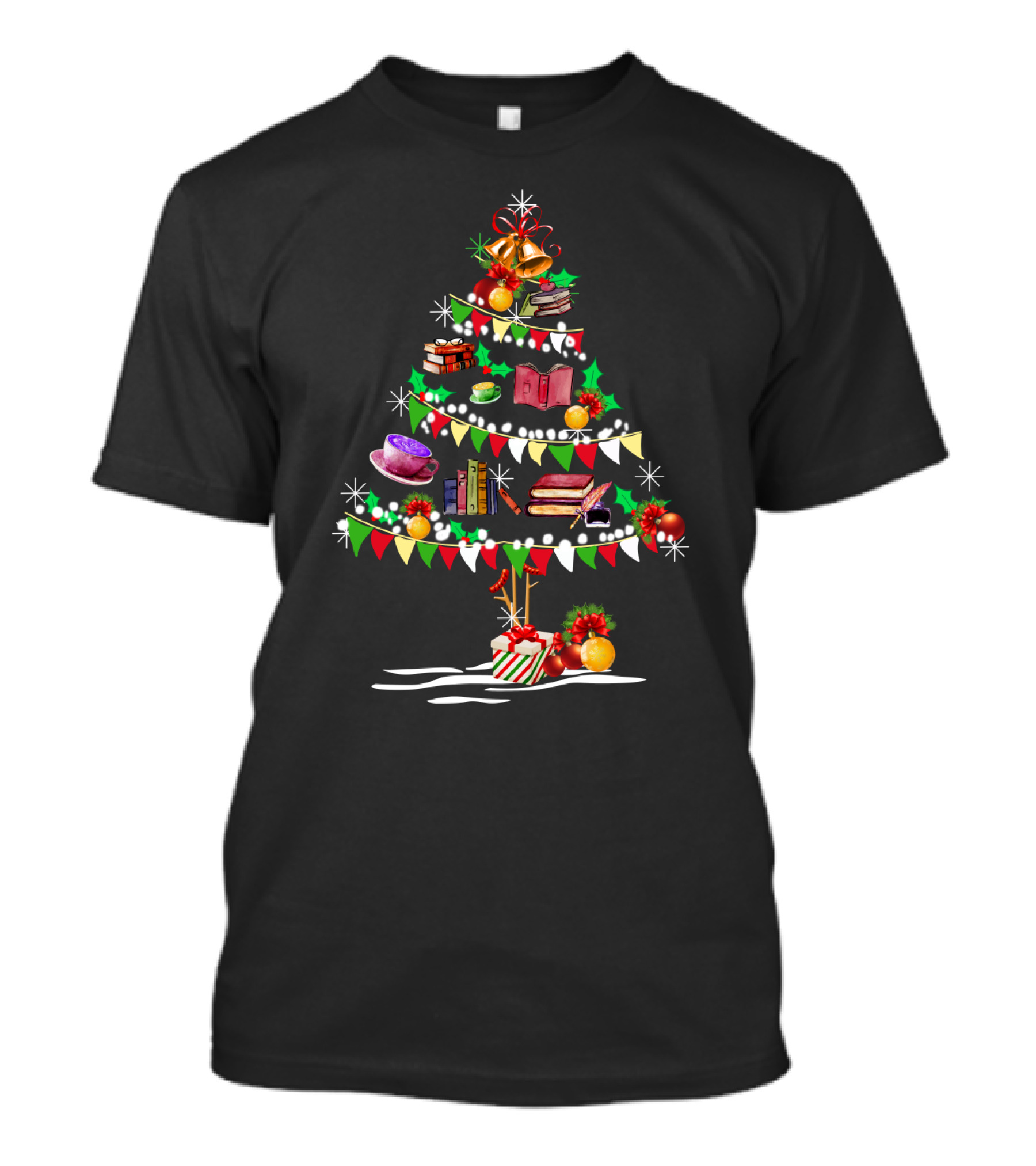Christmas Tree Made Of Books And Holiday Decorations T-Shirt
