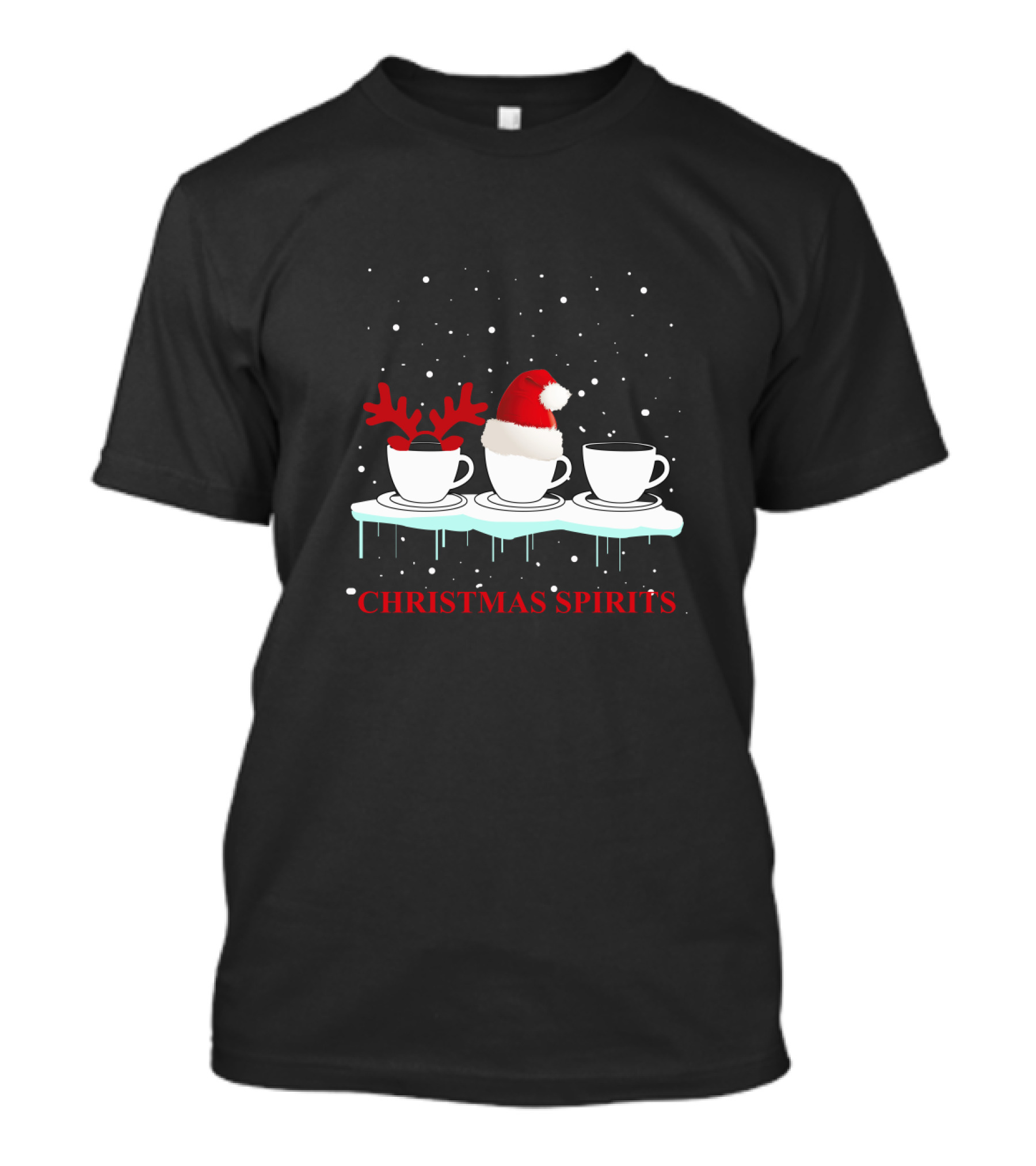 Christmas Spirits Coffee Cups Reindeer Antlers Santa Hat Snowflakes T-Shirt