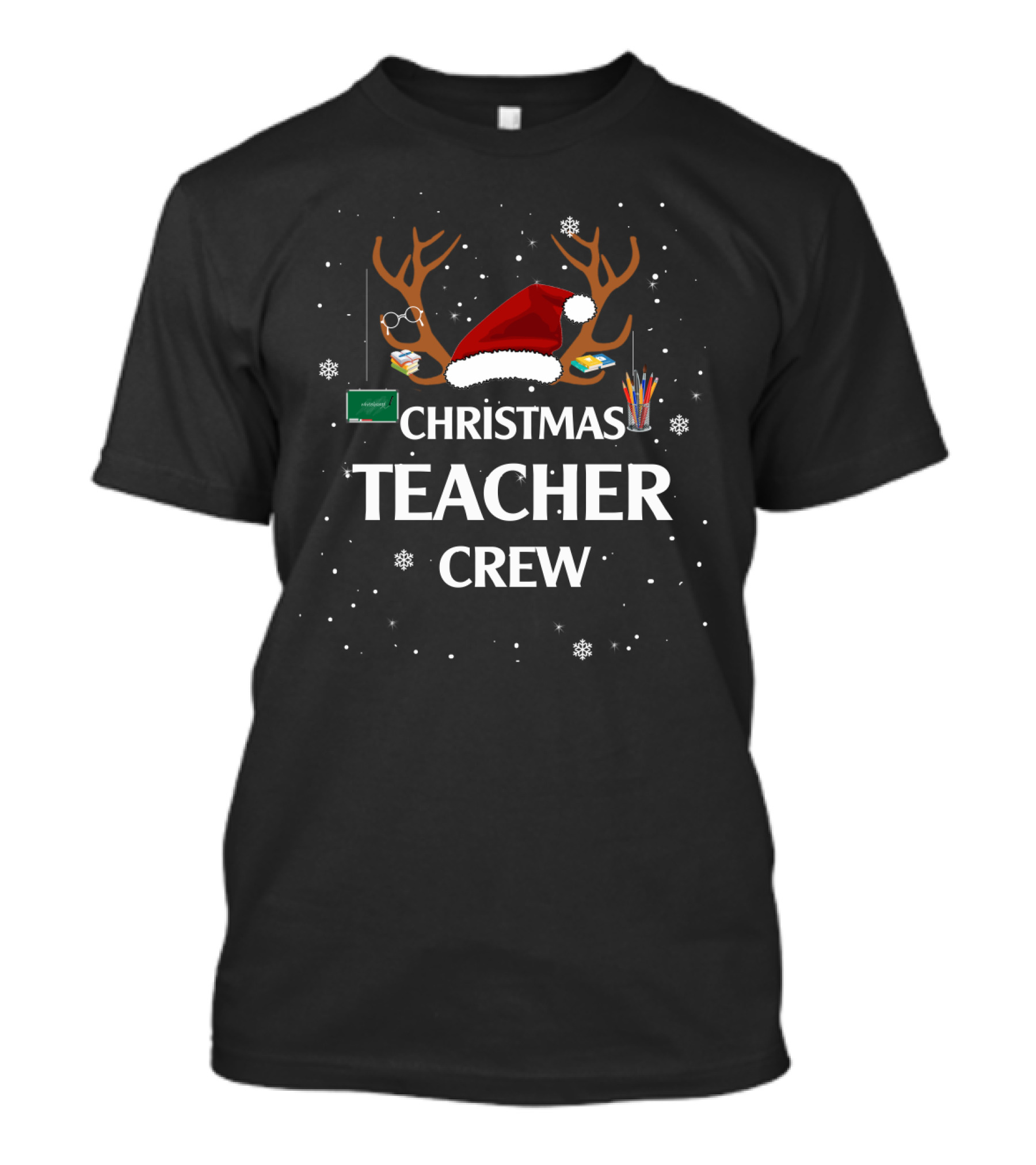 Christmas Teacher Crew Reindeer Antlers Santa Hat Chalkboard Snowflakes T-Shirt