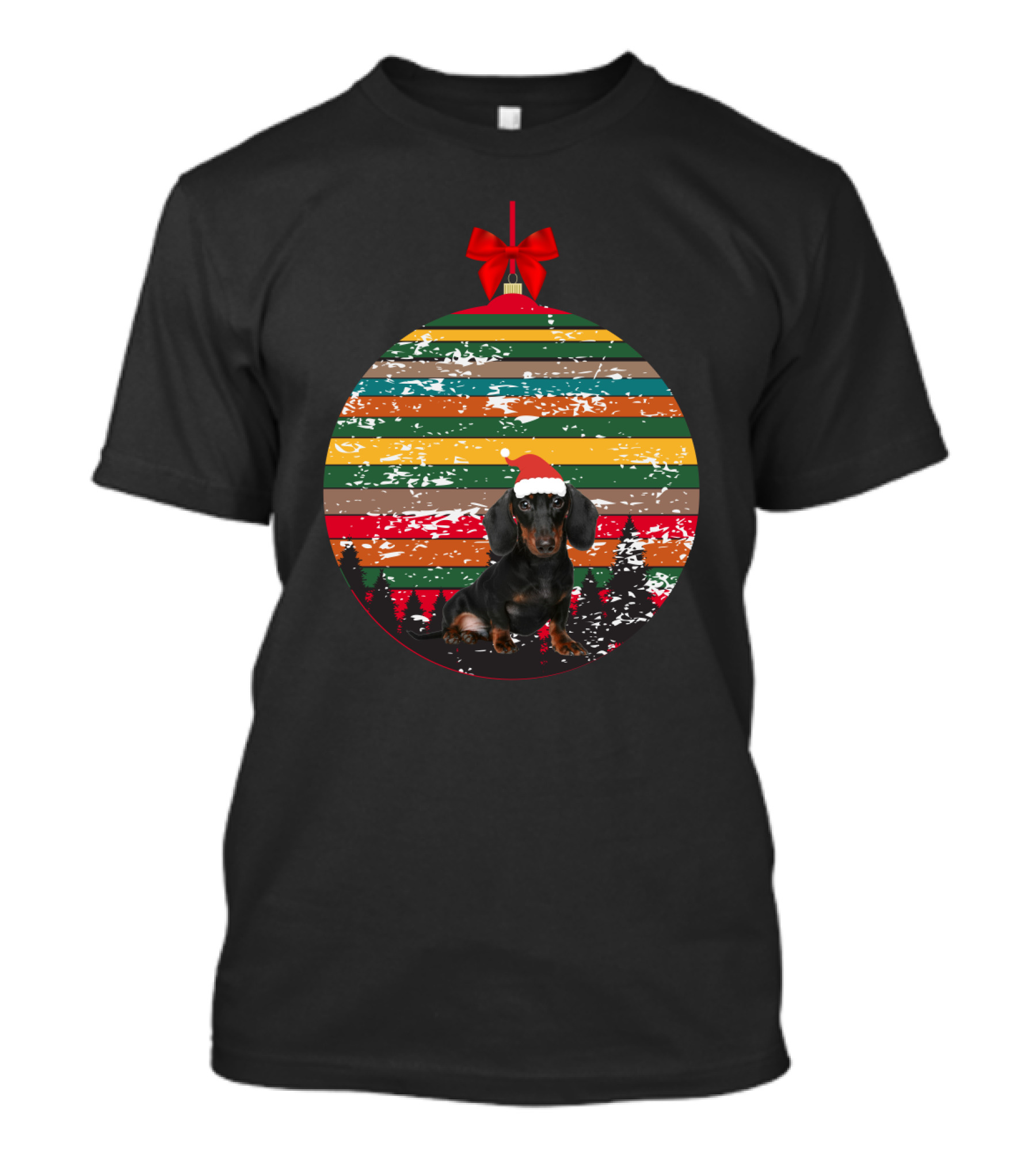 Christmas Dachshund In Vintage Festive Ornament With Santa Hat And Striped T-Shirt