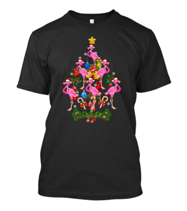 Flamingo Santa Christmas Tree Pink Ribbon Holiday Decor Icons T-Shirt