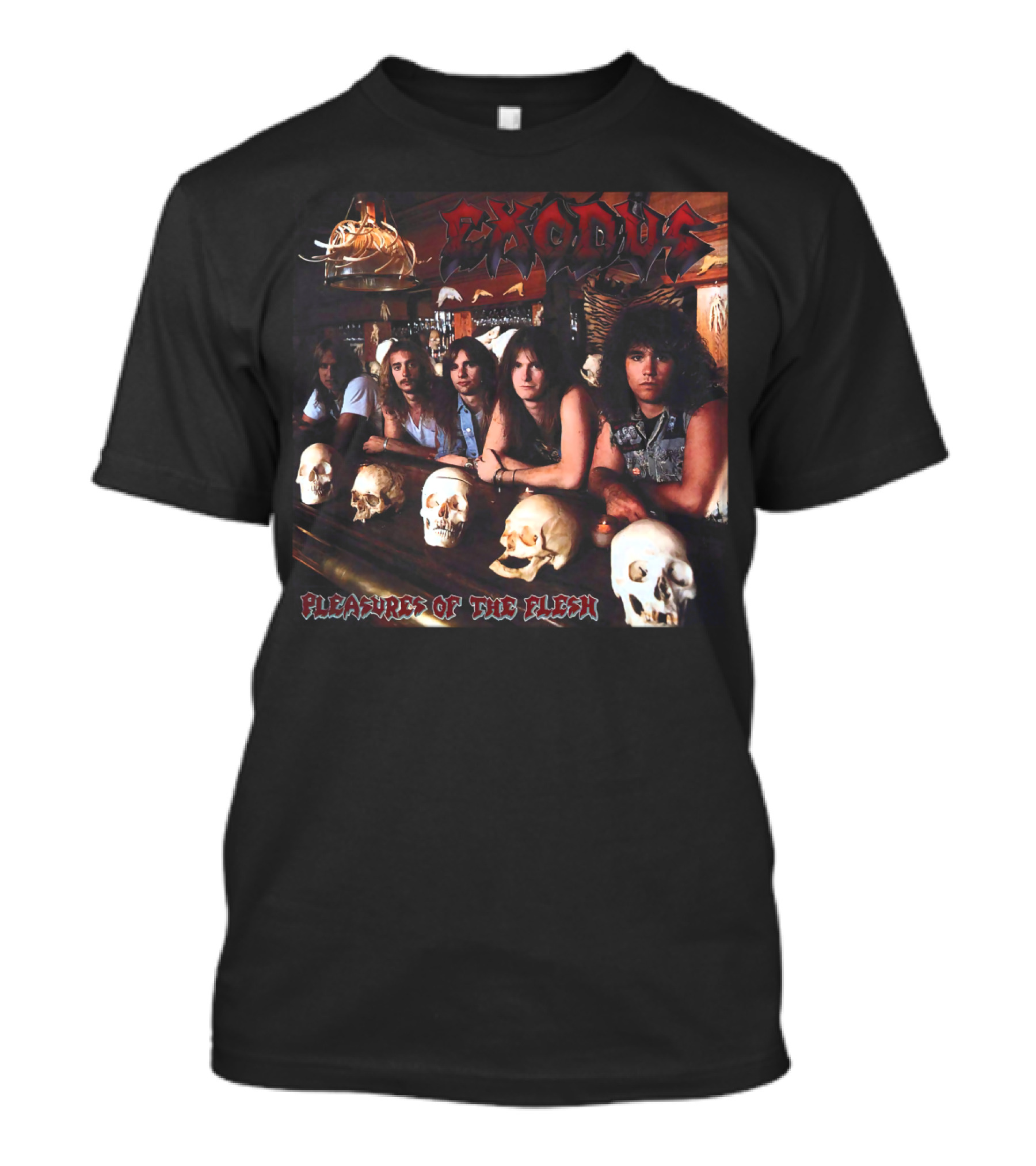 Exodus Pleasures Of The Flesh Album Cover With Band Members And Skulls T-Shirt