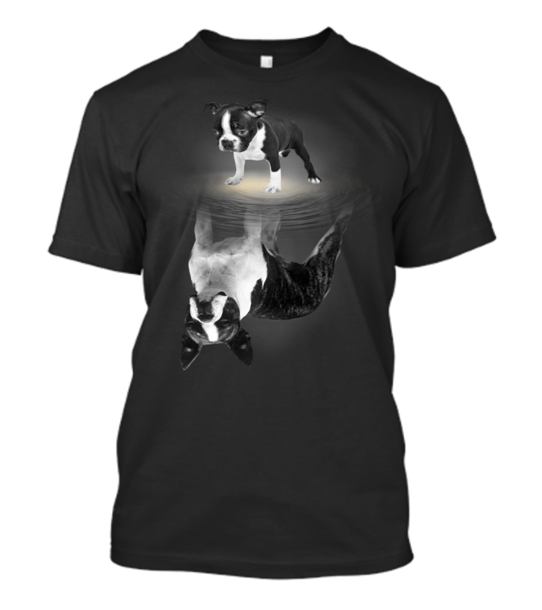 Bostie Mom Boston Terrier Reflections In Water With Puppy T-Shirt