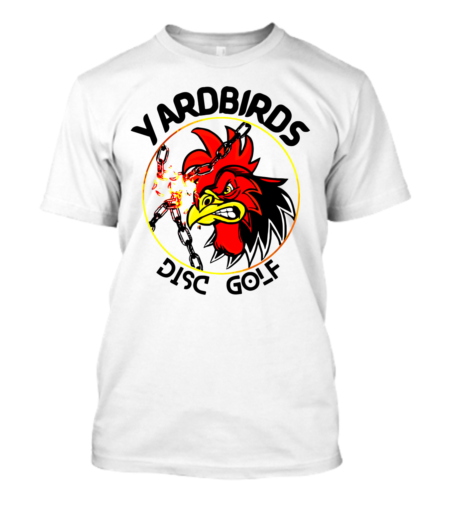 Yardbirds Disc Golf Angry Rooster With Exploding Chains T-Shirt
