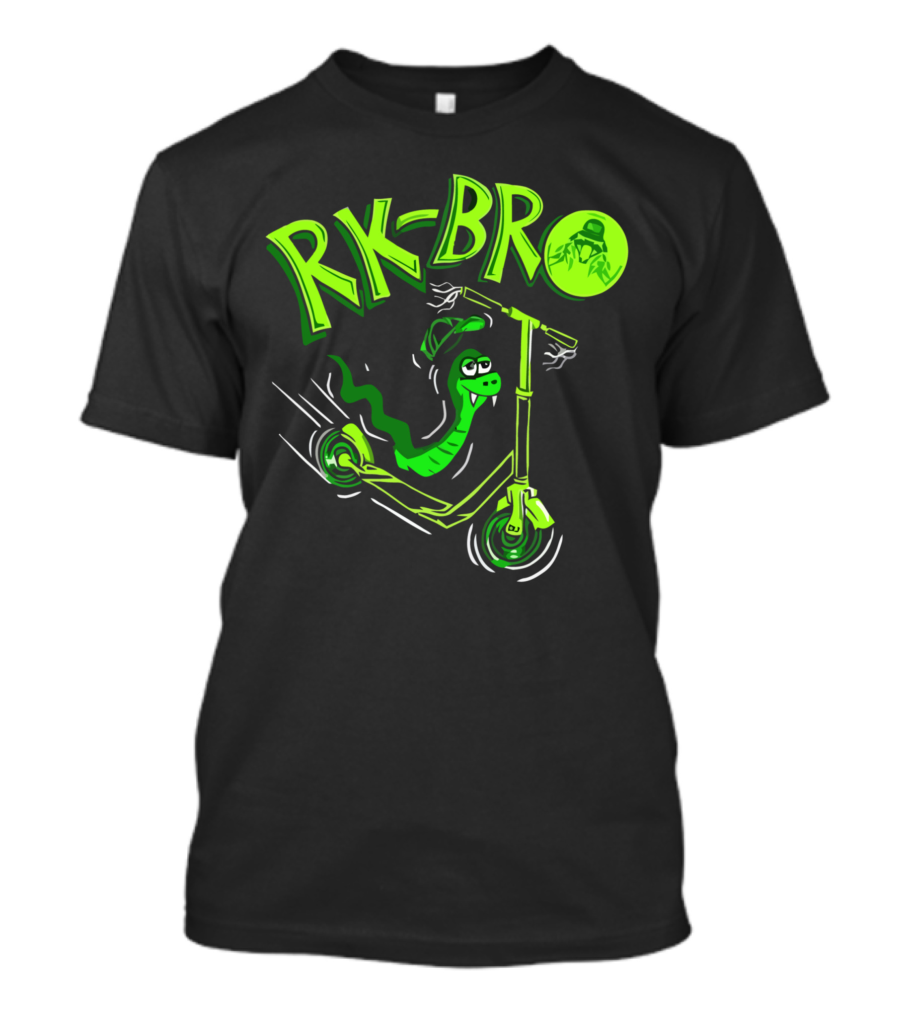 RK Bro Cartoon Snake On Scooter With Green Graphics T-Shirt
