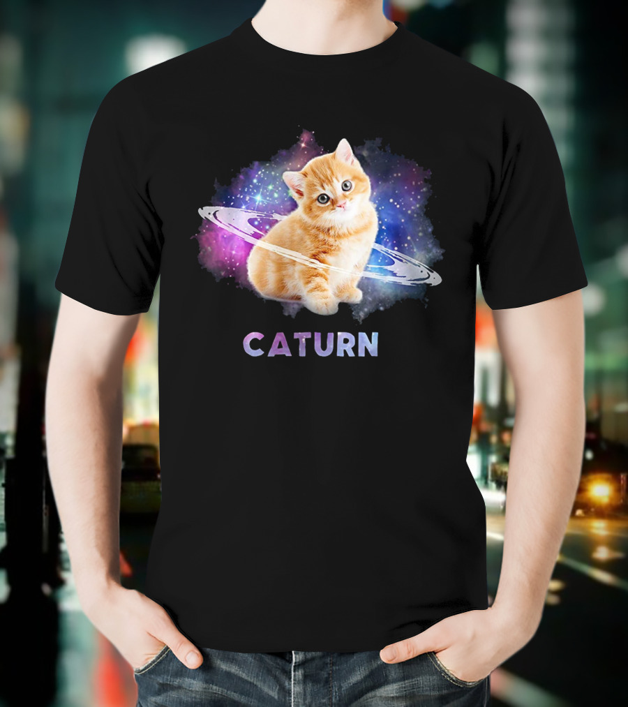 Cat In Space Caturn Saturn Randball Kitten In Cosmic Rings T-Shirt