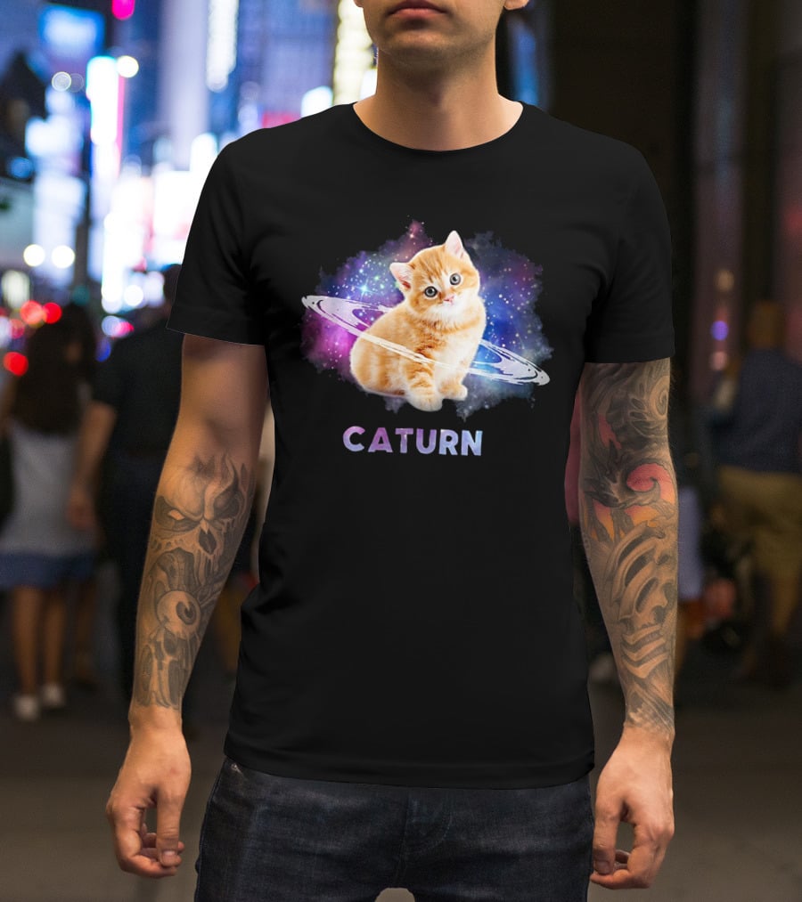 Cat In Space Caturn Saturn Randball Kitten In Cosmic Rings T-Shirt