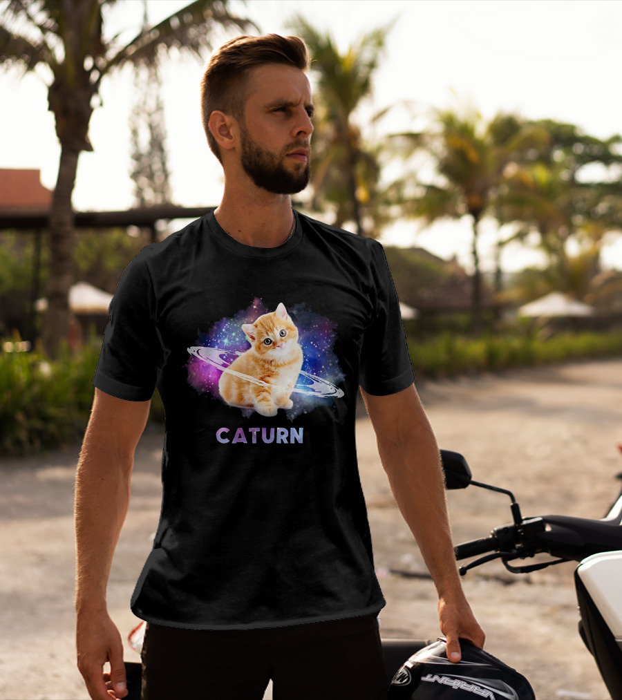 Cat In Space Caturn Saturn Randball Kitten In Cosmic Rings T-Shirt