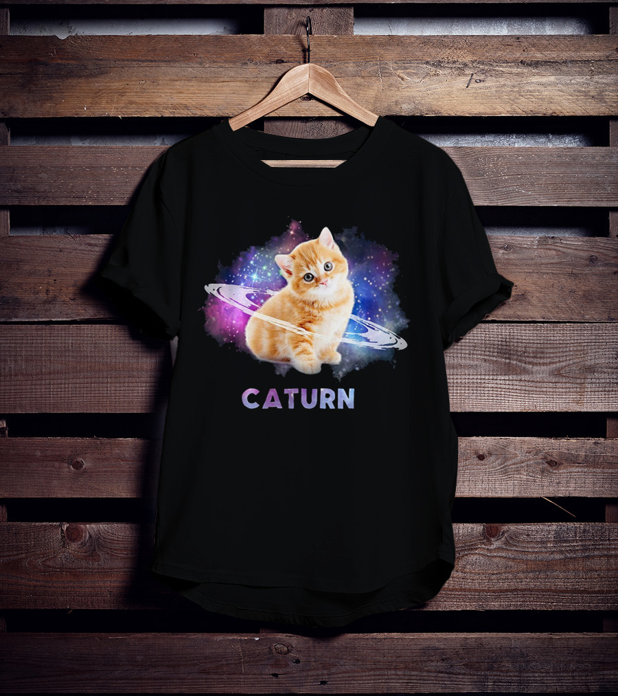Cat In Space Caturn Saturn Randball Kitten In Cosmic Rings T-Shirt