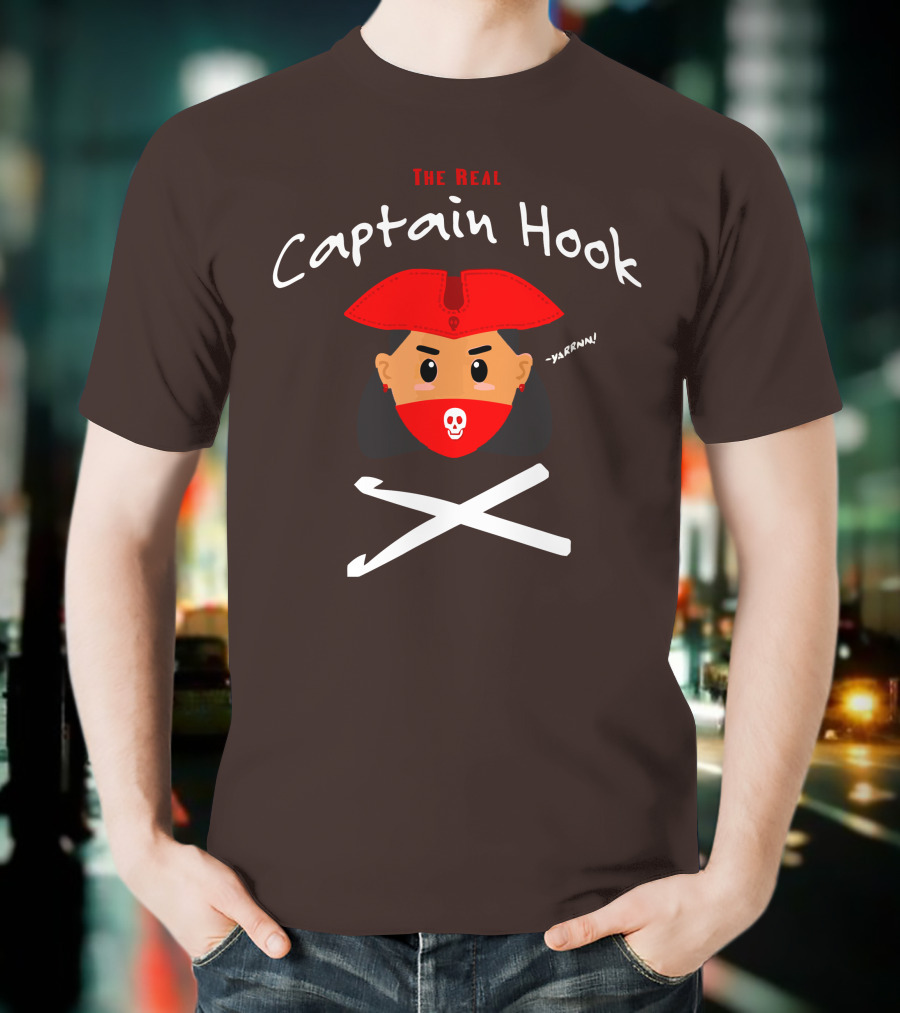 The Real Captain Hook Yarrnn Skull Red Hat Pirate Face Crossed Needles T-Shirt
