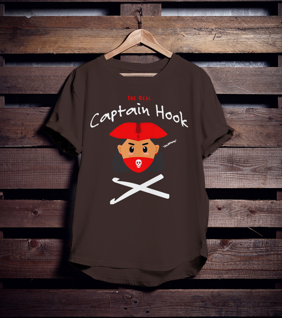 The Real Captain Hook Yarrnn Skull Red Hat Pirate Face Crossed Needles T-Shirt