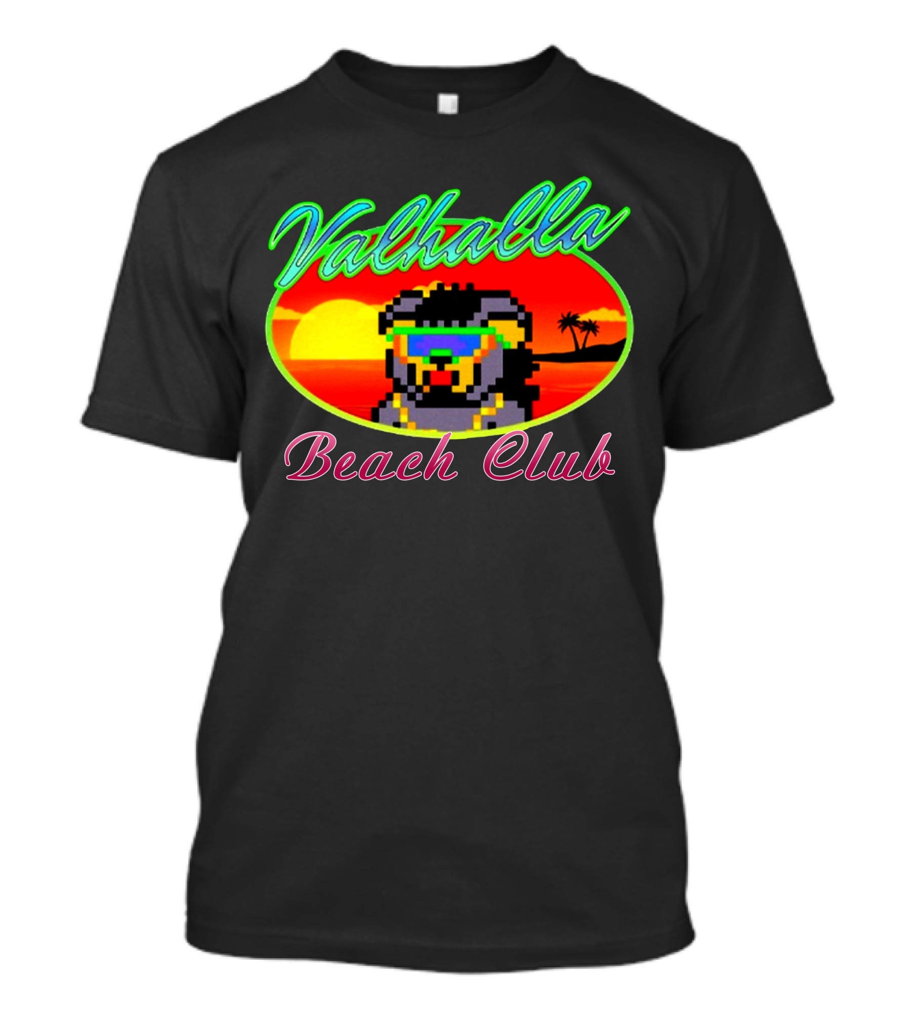 Valhalla Beach Club 80s Retro Pixel Sunset And Palm Trees T-Shirt