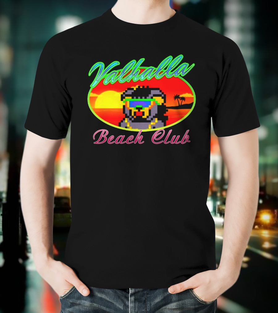 Valhalla Beach Club 80s Retro Pixel Sunset And Palm Trees T-Shirt
