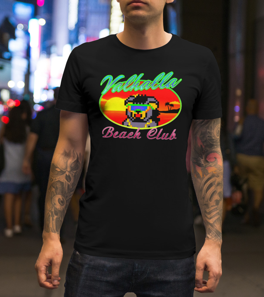 Valhalla Beach Club 80s Retro Pixel Sunset And Palm Trees T-Shirt