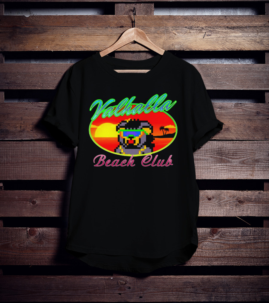 Valhalla Beach Club 80s Retro Pixel Sunset And Palm Trees T-Shirt