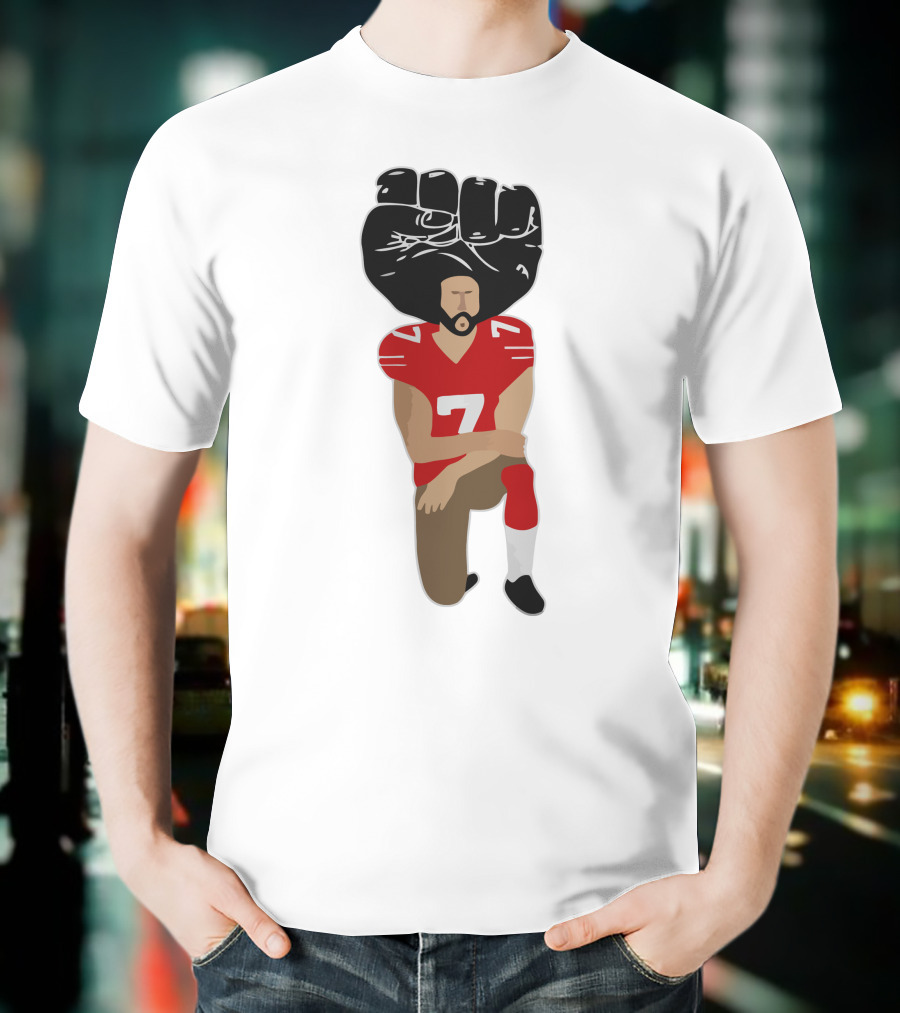 Colin Kaepernick Kneeling With Raised Fist And Red Football Jersey Number 7 T-Shirt