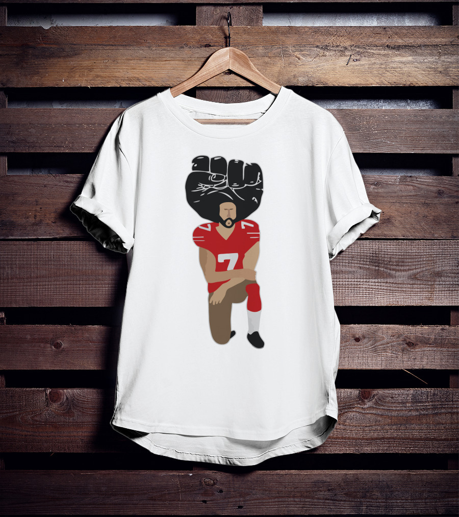Colin Kaepernick Kneeling With Raised Fist And Red Football Jersey Number 7 T-Shirt