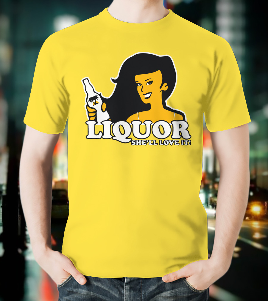 Liquor She'll Love It Retro Pin-Up Style Woman Holding Bottle T-Shirt