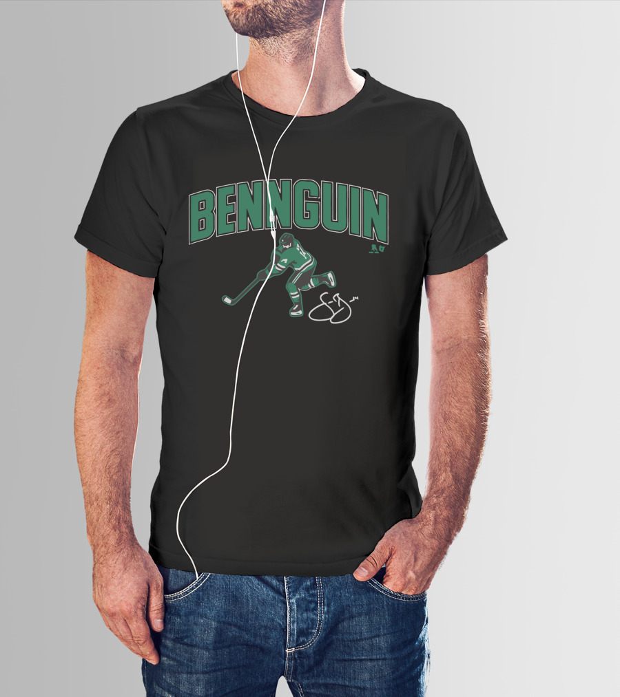 Bennguin Hockey Player Silhouette In Green And White With Signature T-Shirt