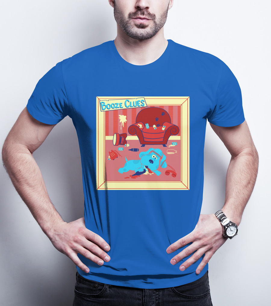 Booze Clues Blue Dog Party Mess With Cans And Couch T-Shirt