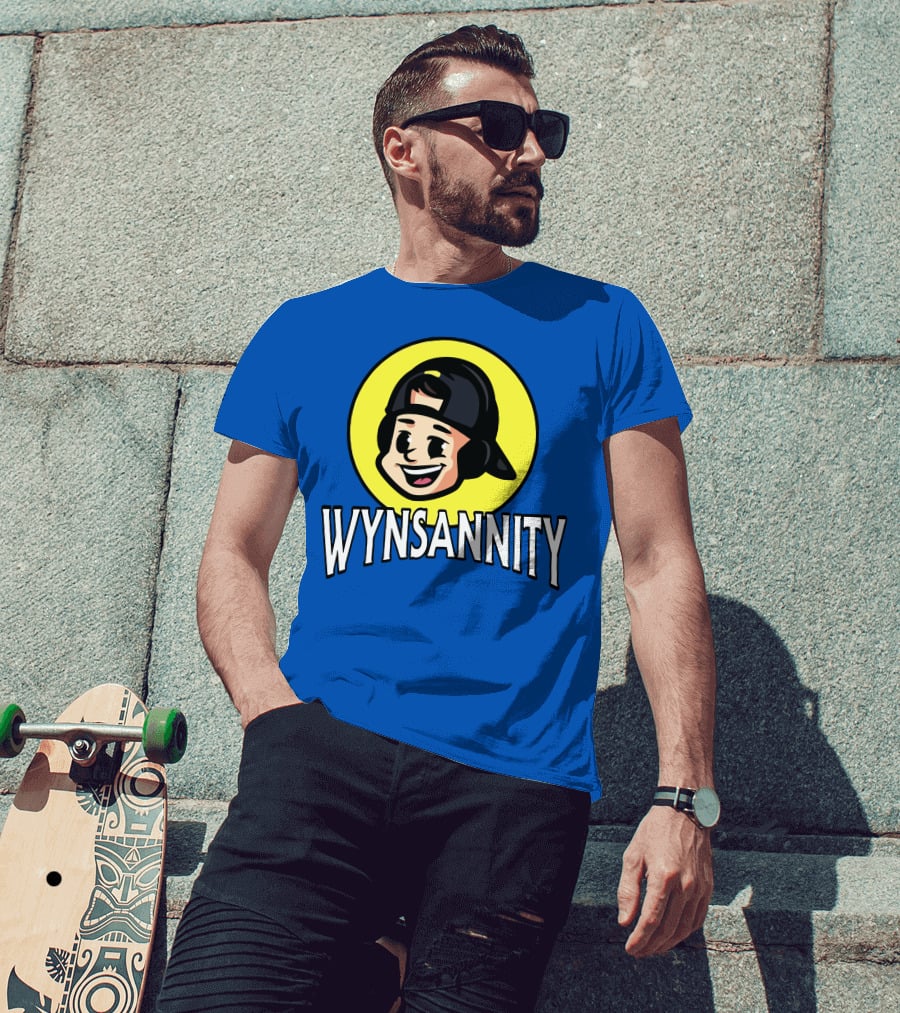 Wynnsanity Cartoon Character With Headphones And Backwards Cap Icon In Yellow Circle T-Shirt