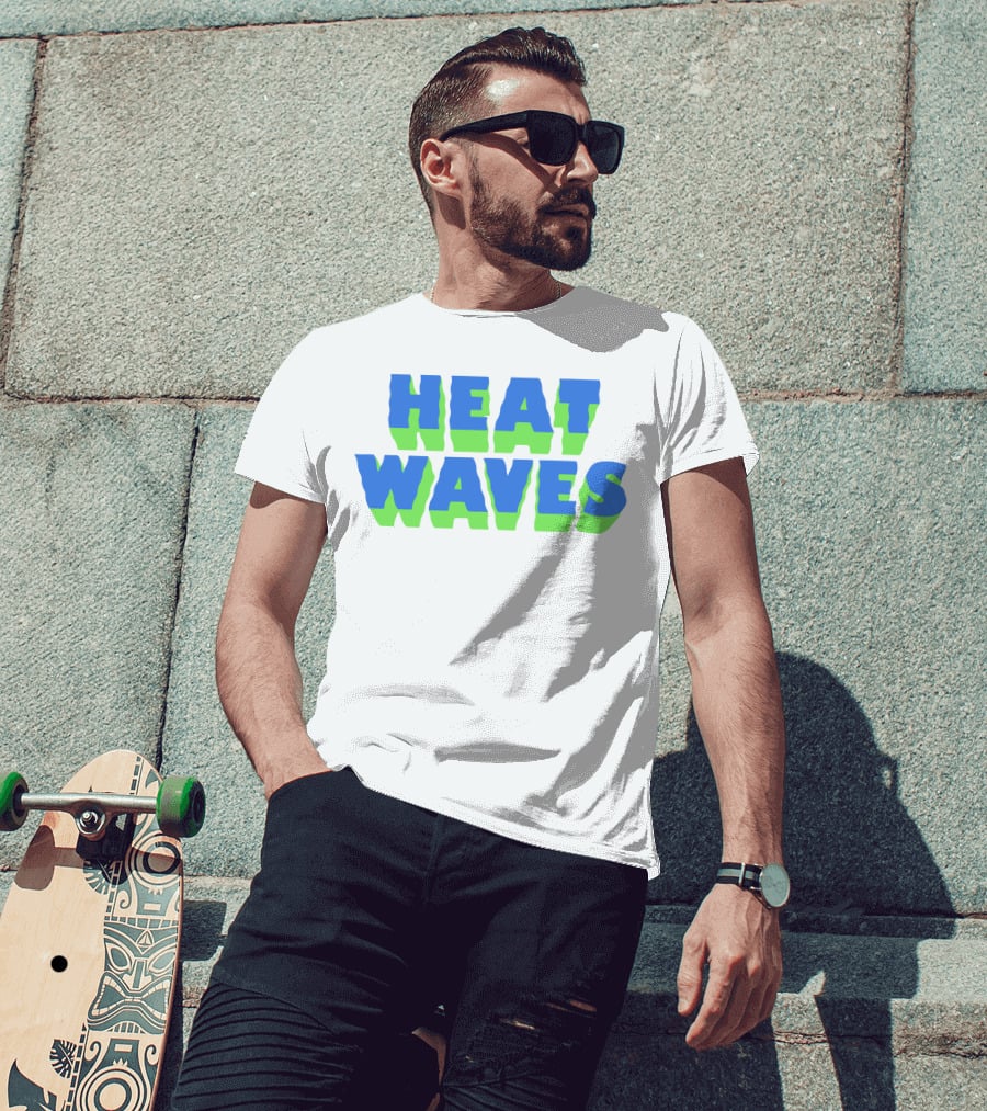 HEAT WAVES Bold 3D Text Design In Blue And Green T-Shirt