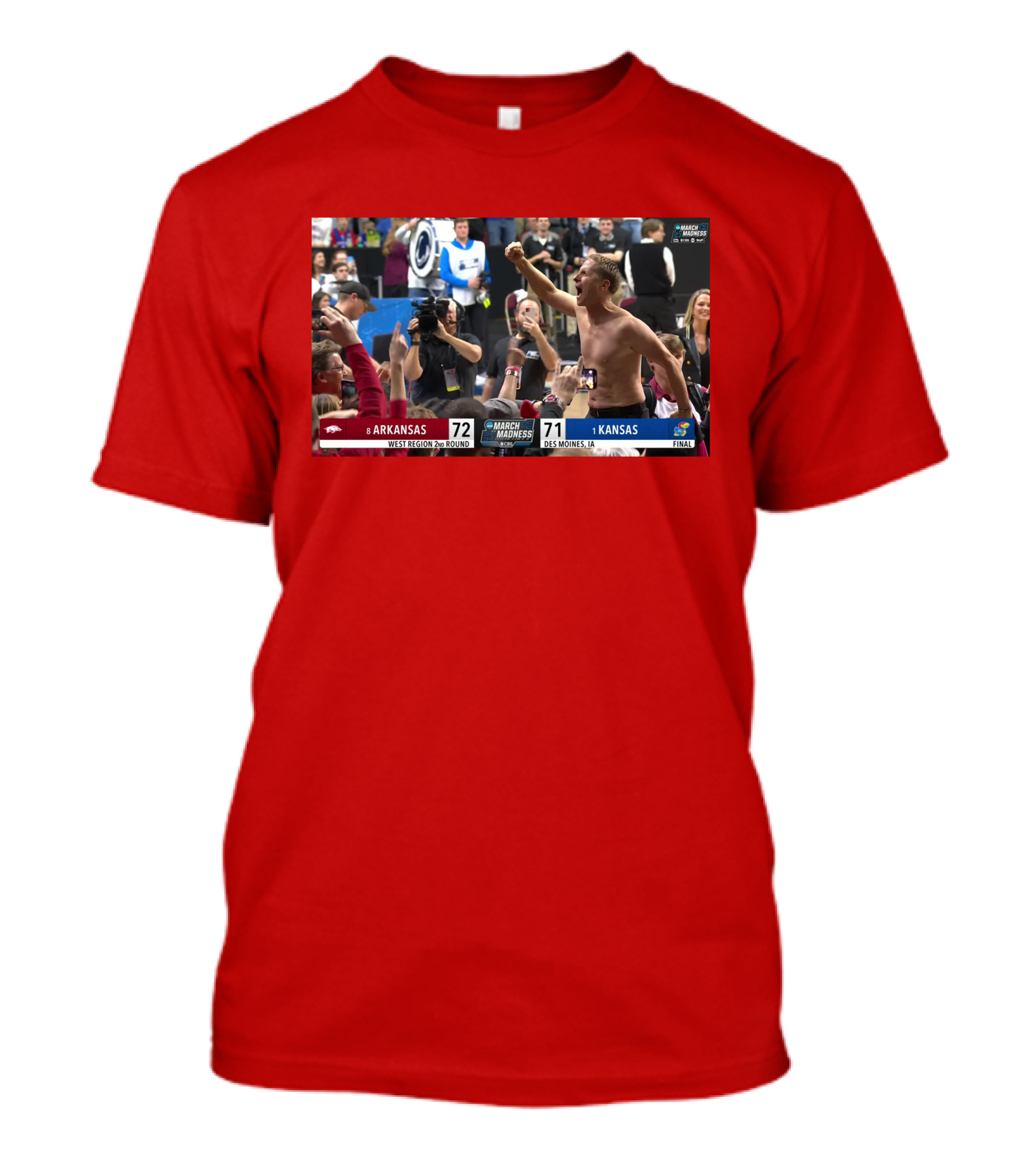 Eric Musselman Celebrates Arkansas 72-71 Victory Over Kansas In March Madness T-Shirt