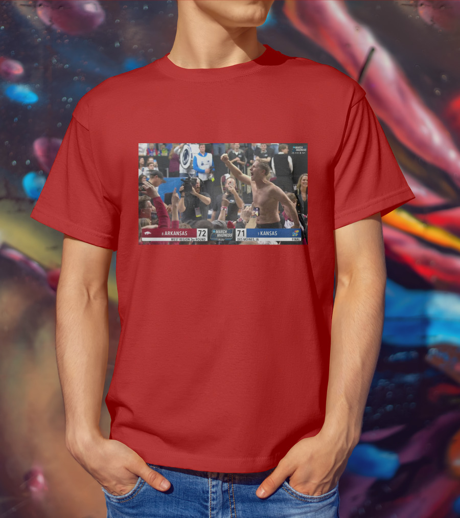 Eric Musselman Celebrates Arkansas 72-71 Victory Over Kansas In March Madness T-Shirt