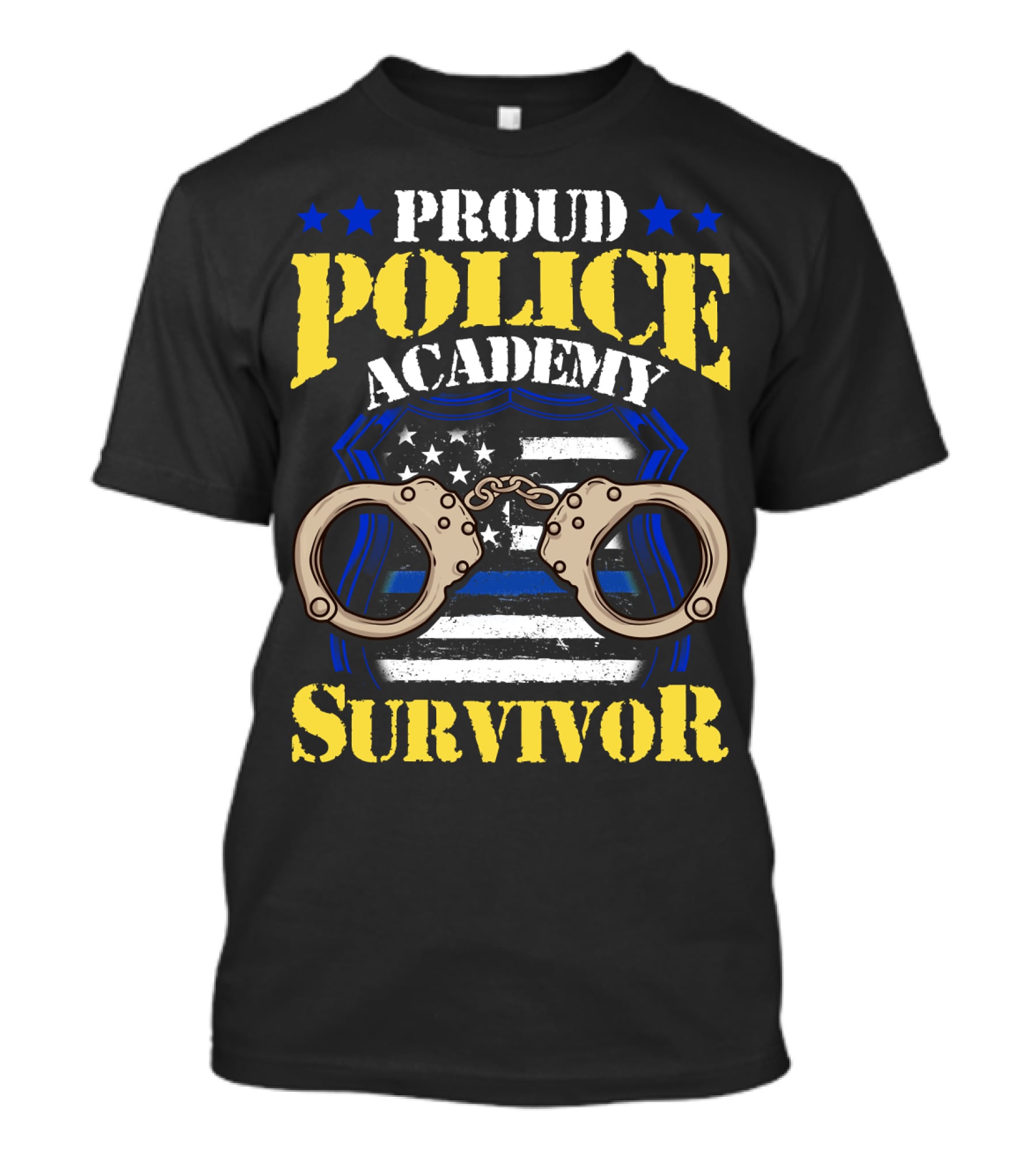 Proud Police Academy Survivor Stars Badge Handcuffs American Flag T-Shirt