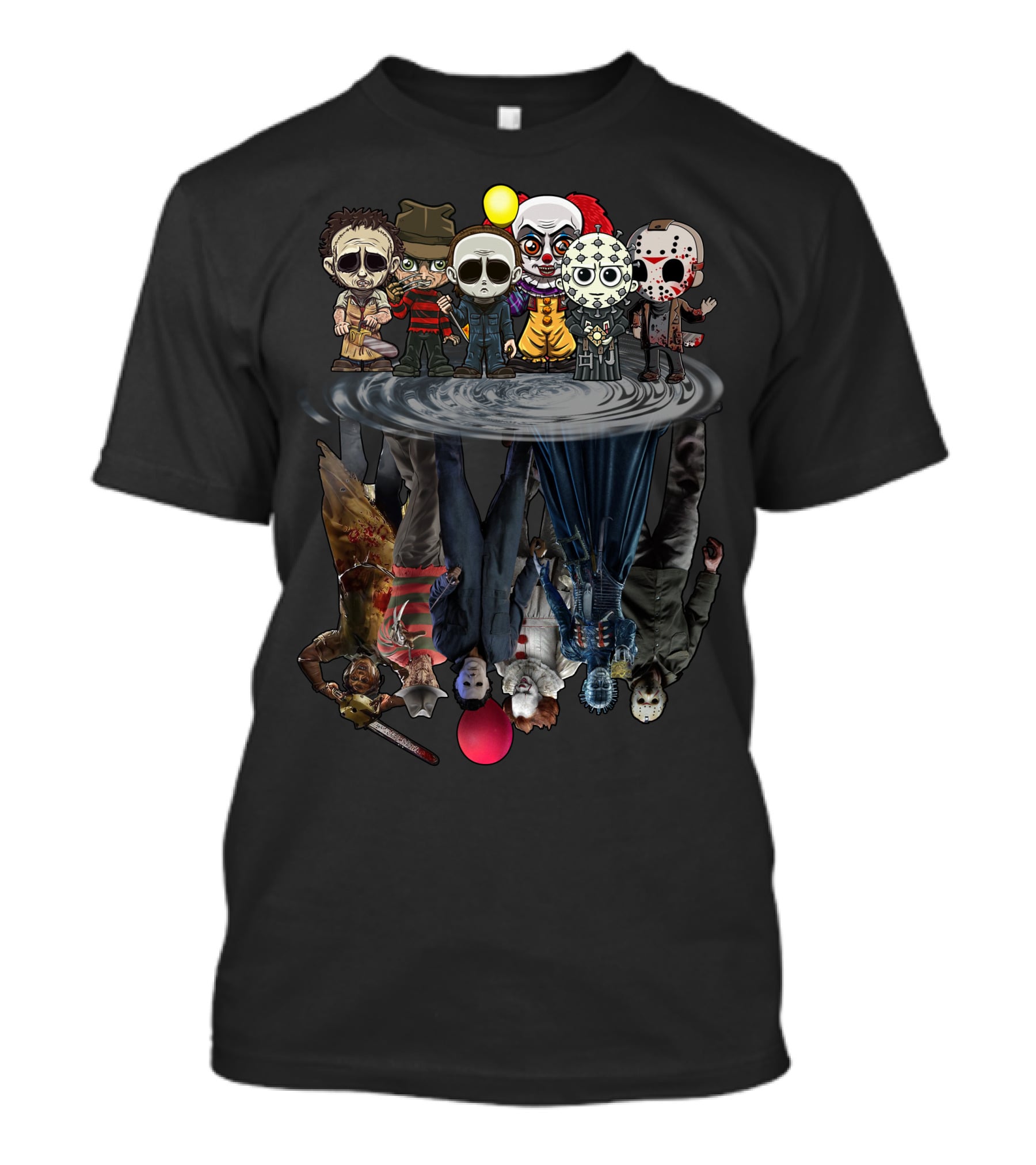 Horror Icons Chibi Reflections In Water Mirror T-Shirt