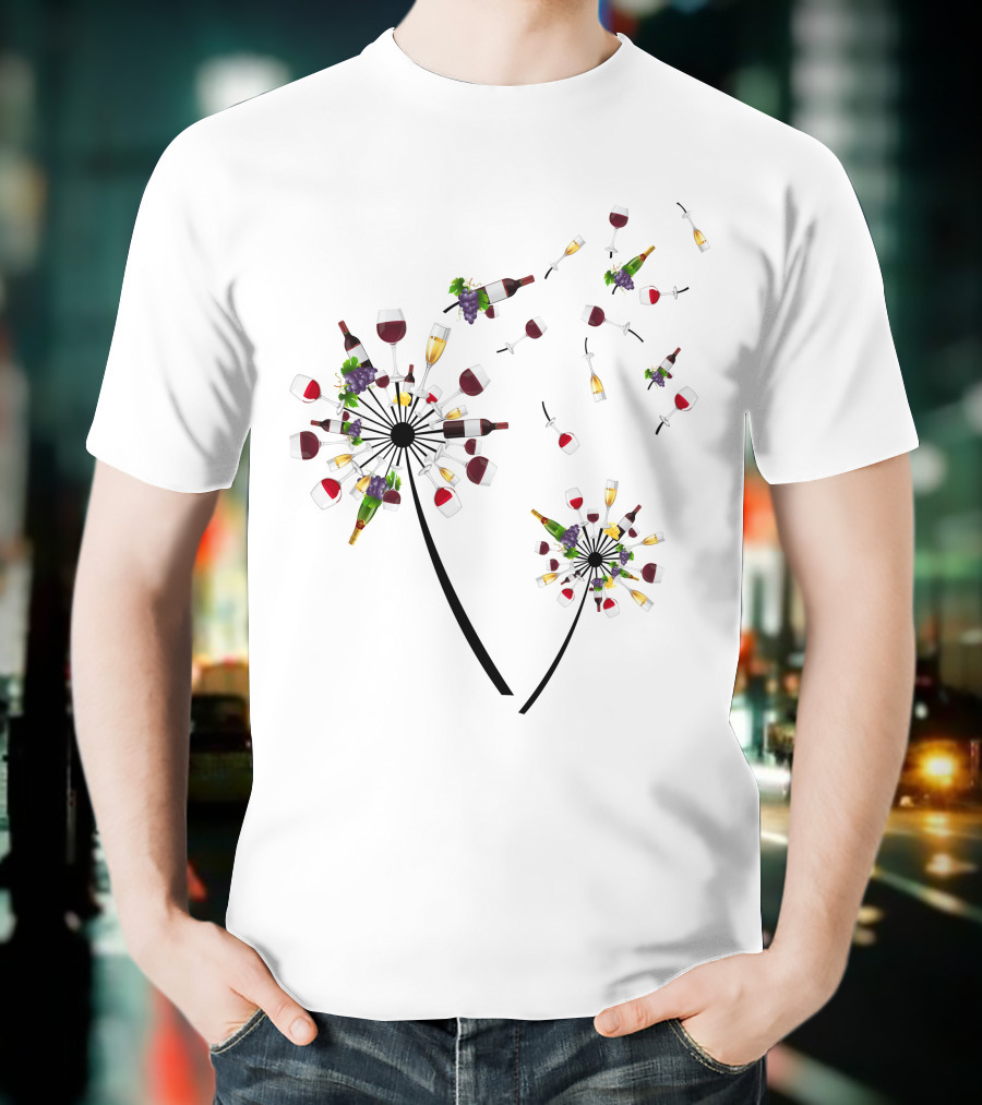 Printady Clothing Store Wine Glasses And Bottles Dandelion T-Shirt