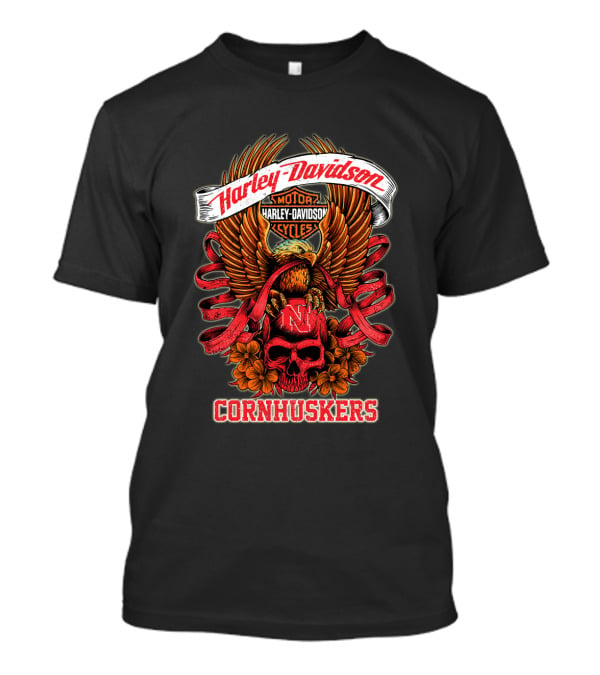 Harley Davidson Motor Cycles Nebraska Cornhuskers Eagle And Skull T-Shirt