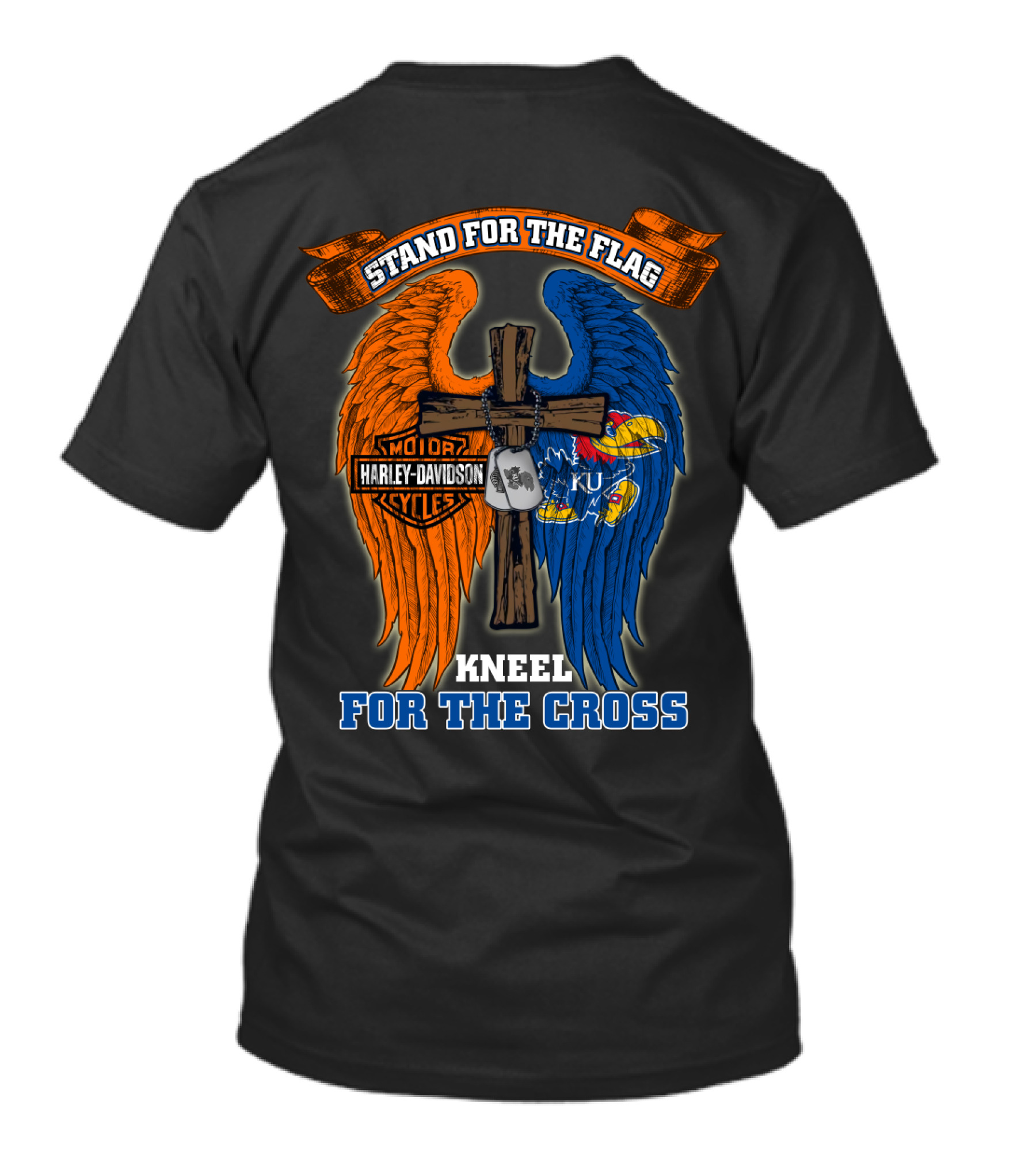 Stand For The Flag Kneel For The Cross Harley Davidson Motorcycles Kansas Jayhawks Ku T-Shirt
