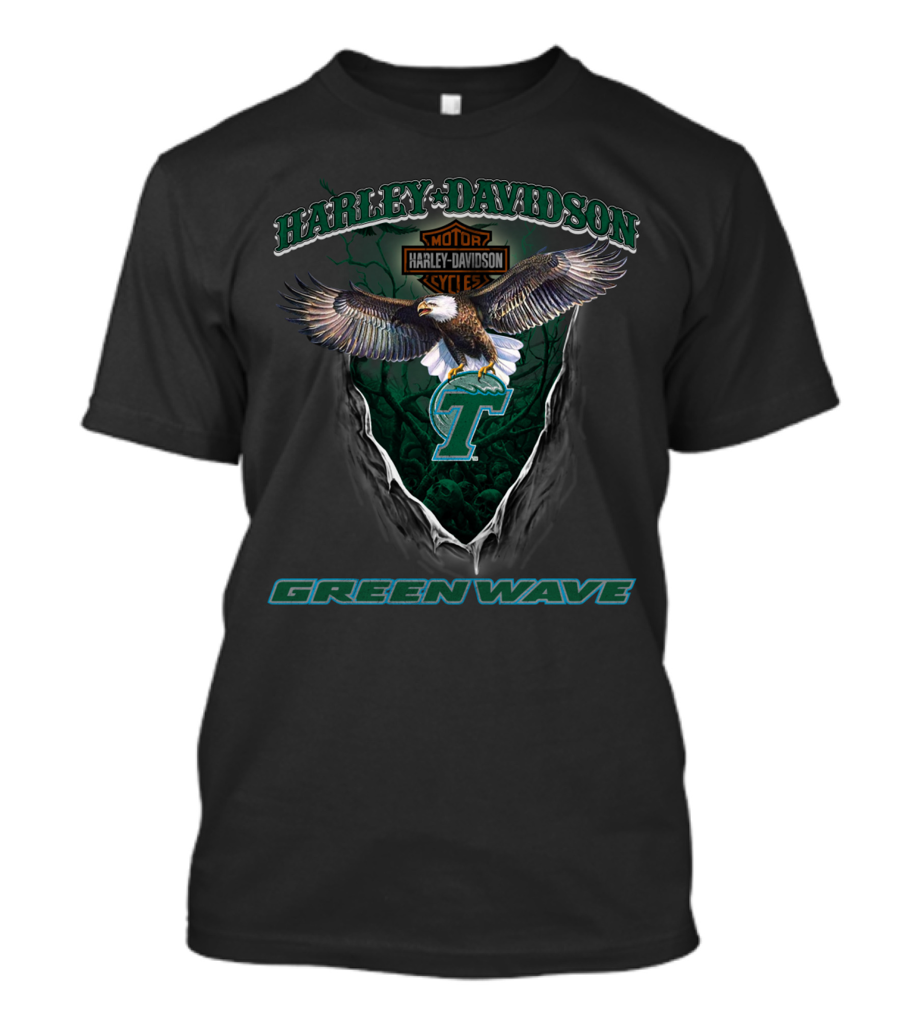 Harley Davidson Tulane Green Wave Eagle Logo Motorcycle Cycle T-Shirt