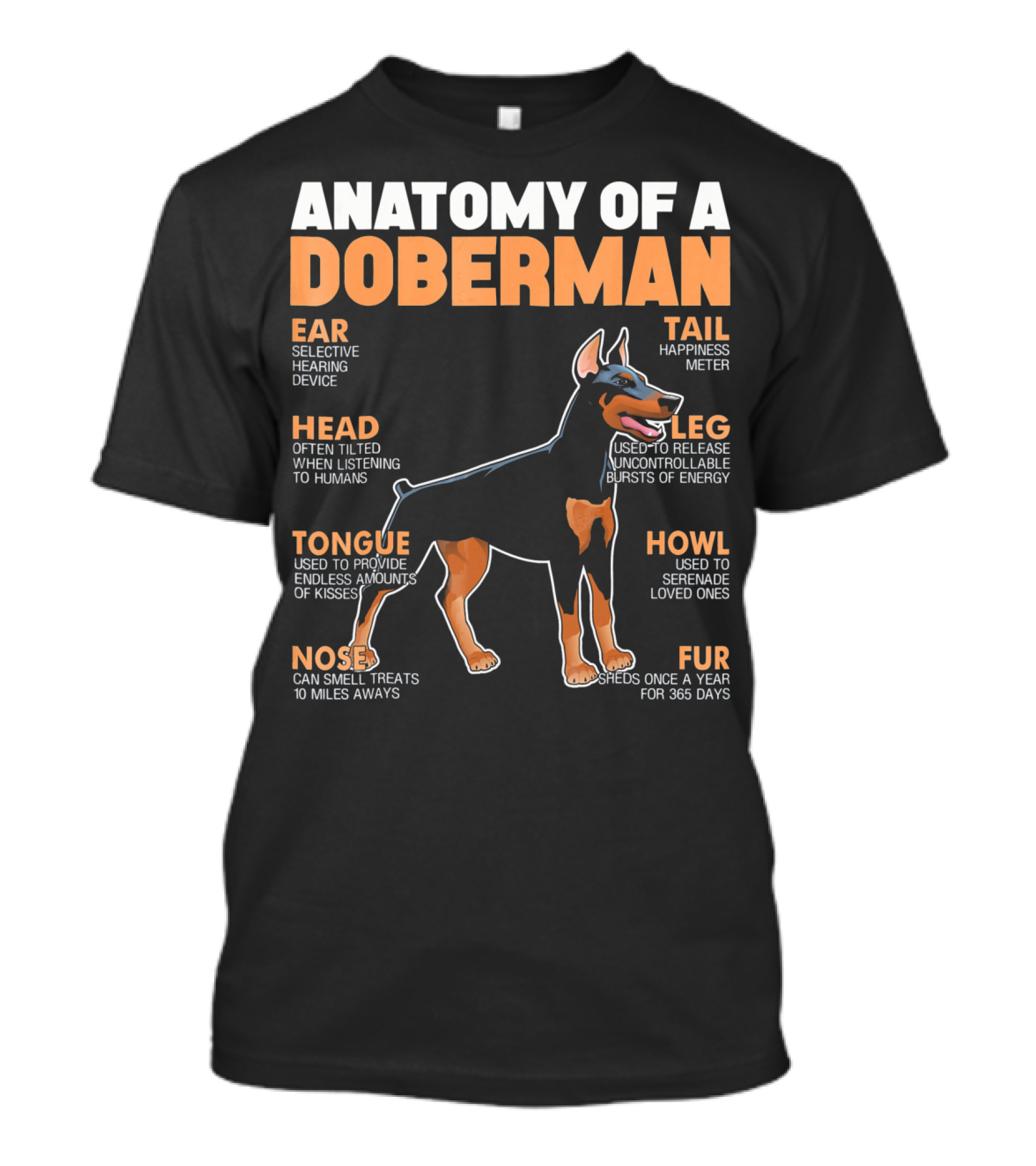 ANATOMY OF A DOBERMAN EAR HEAD TONGUE NOSE TAIL LEG HOWL FUR T-Shirt