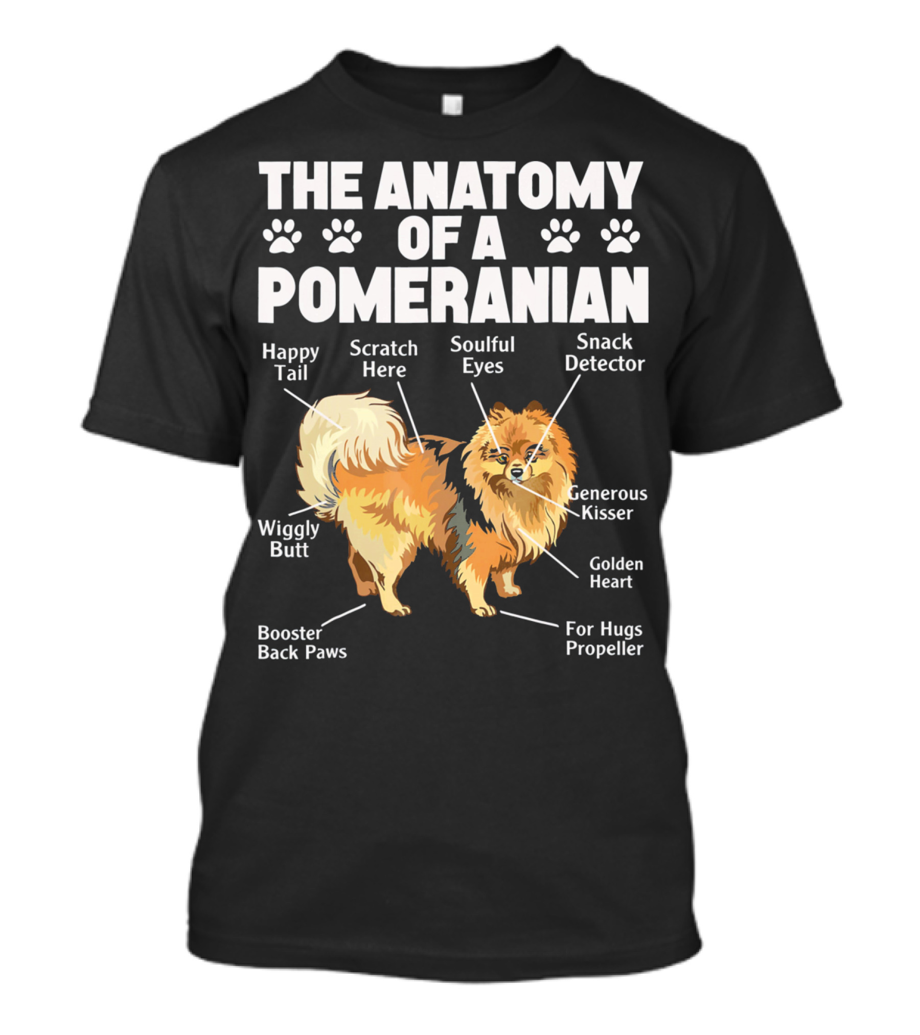 The Anatomy Of A Pomeranian: Happy Tail Wiggly Butt Scratch Here Soulful Eyes Snack Detector Generous Kisser Golden Heart For Hugs Propeller Booster Back Paws T-Shirt