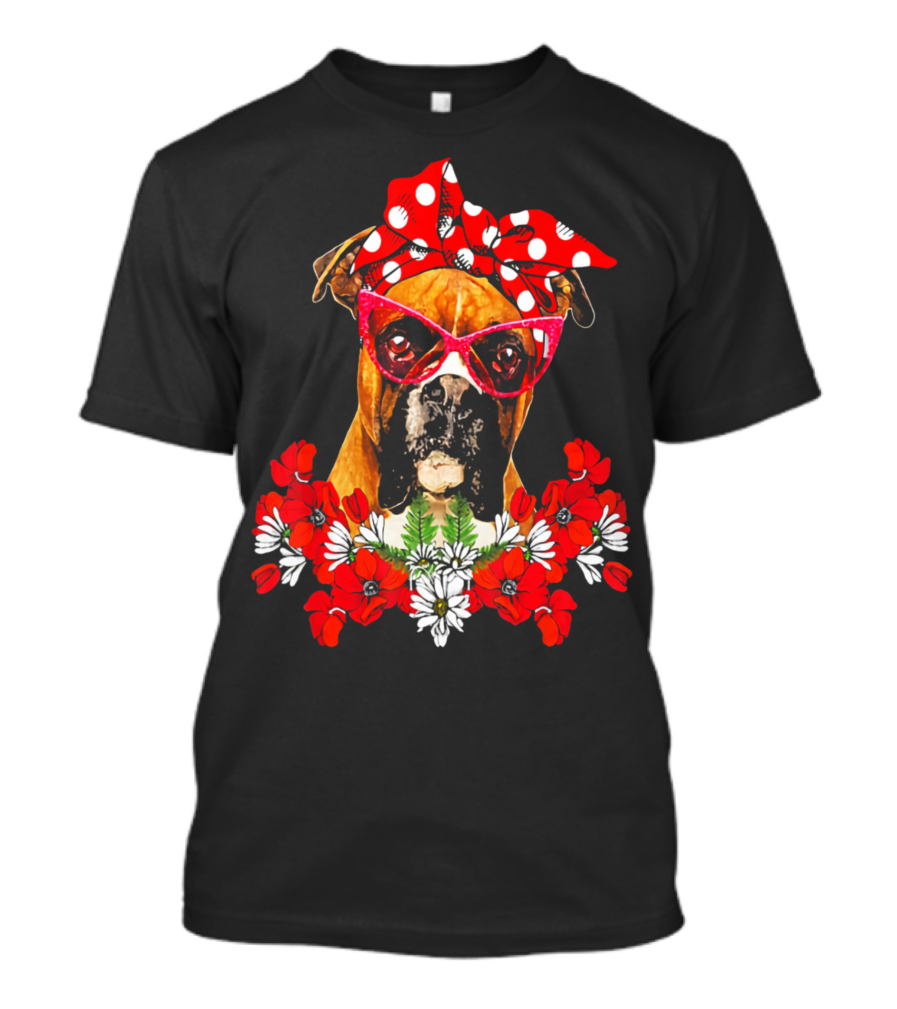 Boxer Dog Moms Red Polka Dot Bow Mixed Flower Arrangement T-Shirt