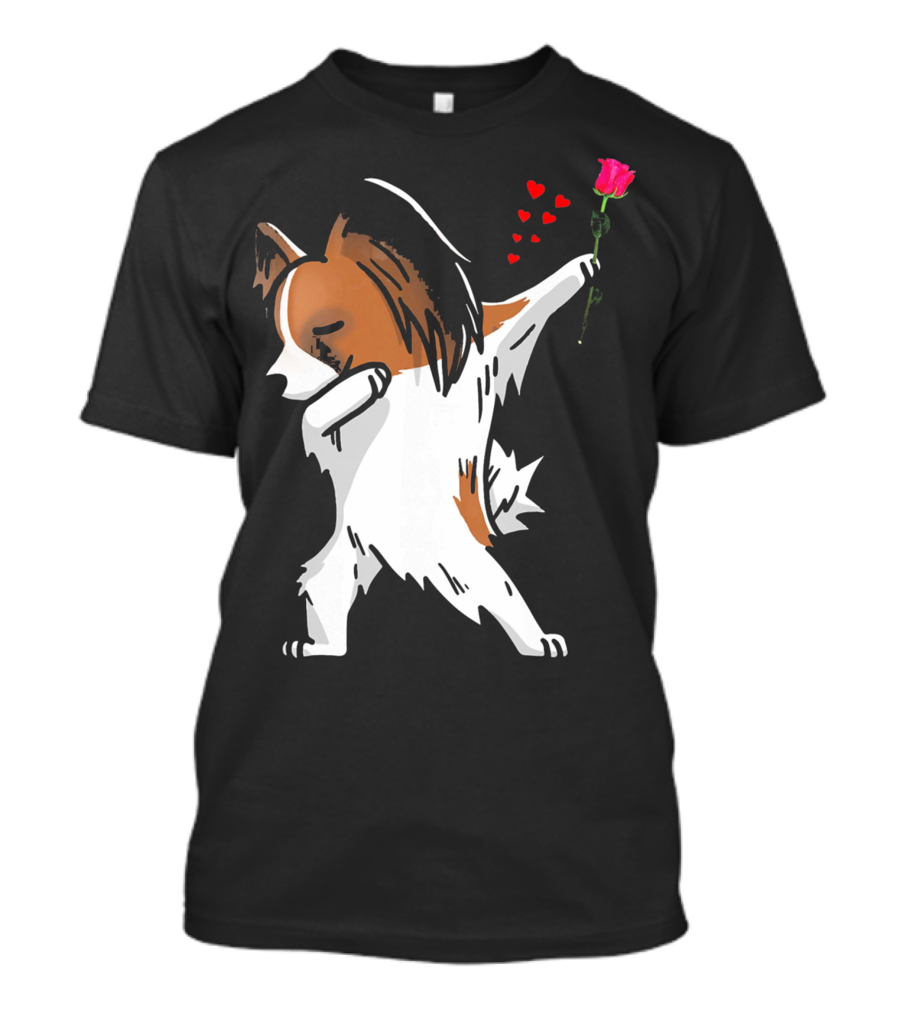 Dabbing Papillon Dog Holding Rose With Hearts For Valentines Day T-Shirt