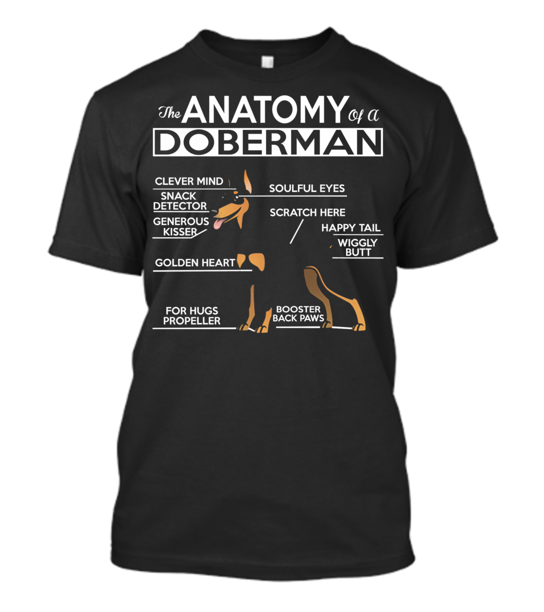 The Anatomy Of A Doberman Clever Mind Snack Detector Generous Kisser Golden Heart Soulful Eyes Scratch Here Happy Tail Wiggly Butt For Hugs Propeller Booster Back Paws T-Shirt