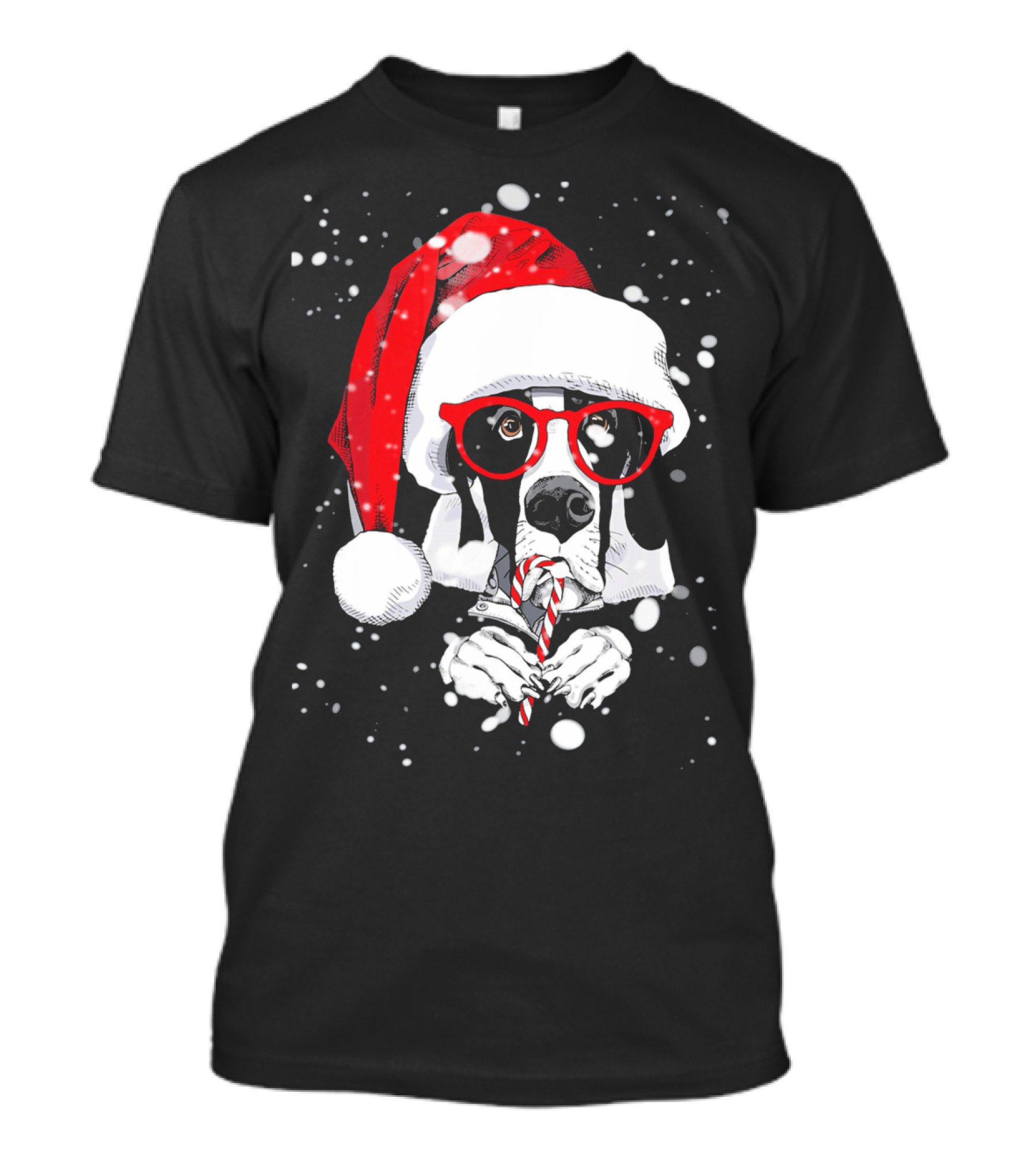 Great Dane Licking Candy Cane With Santa Xmas Hat And Red Glasses Snowflakes T-Shirt