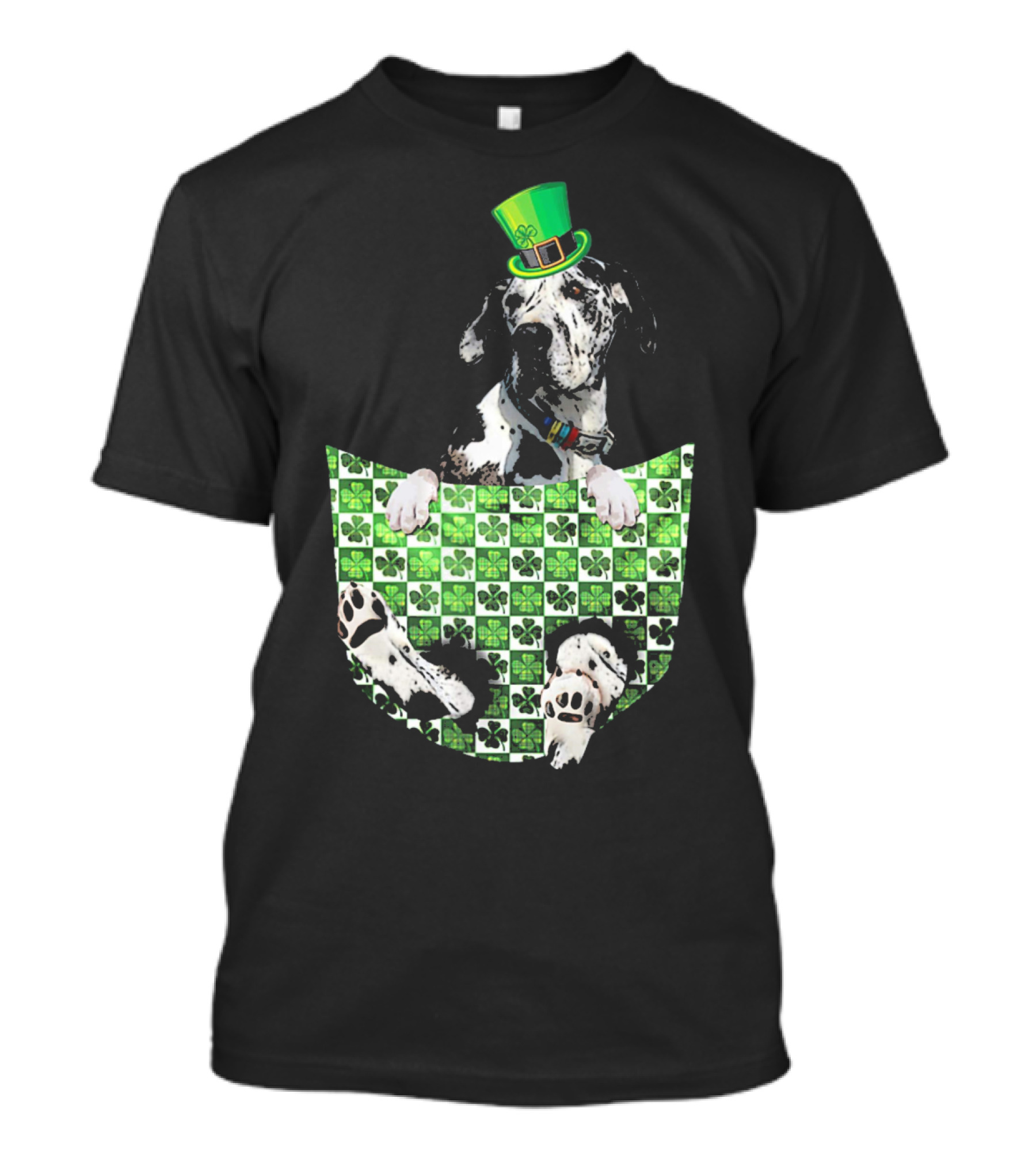 Great Dane In Pocket With Green Shamrock Patrick Hat T-Shirt