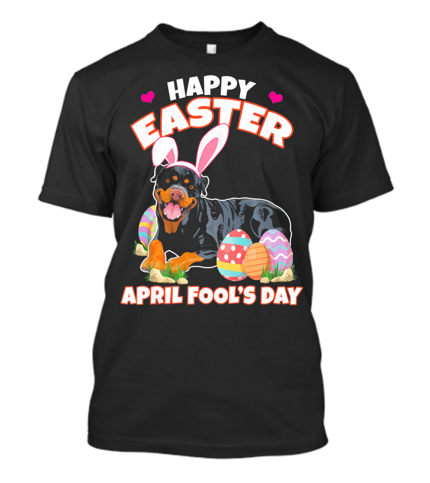 Happy Easter April Fool's Day Funny Rottweiler With Bunny Ears And Colorful Eggs T-Shirt