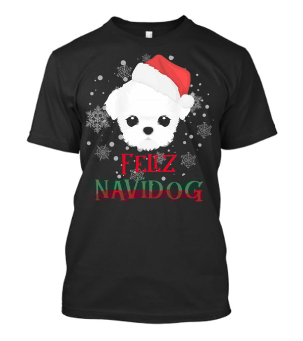 Feliz Navidog Maltese Dog Christmas Santa Hat Snowflakes T-Shirt