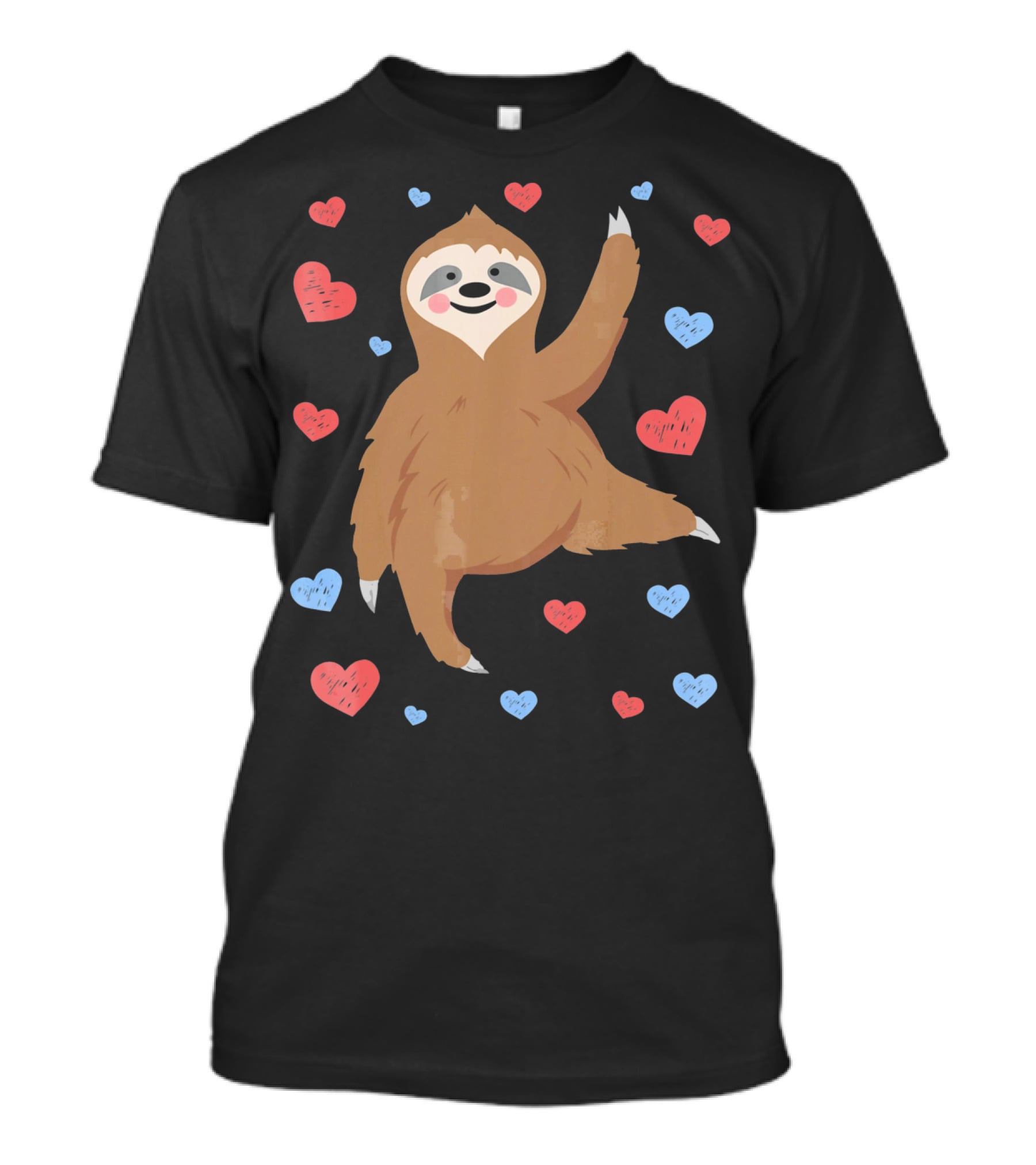 Cute Cuddly Sloth Surrounded By Red And Blue Hearts Valentine's Day T-Shirt